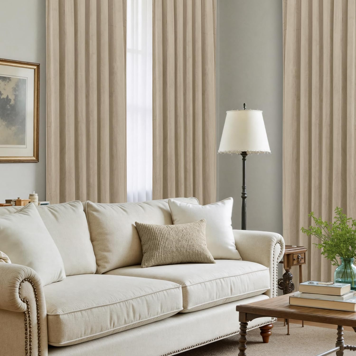 LAMIT Taupe Velvet Curtains 84 Inch for Living Room, Thick Thermal Room Darkening Drapes Elegant Back Tab and Rod Pocket Room Decor Panels for Bedroom/Sliding Glass Door, 2 Panels, 52 x 84 Inch