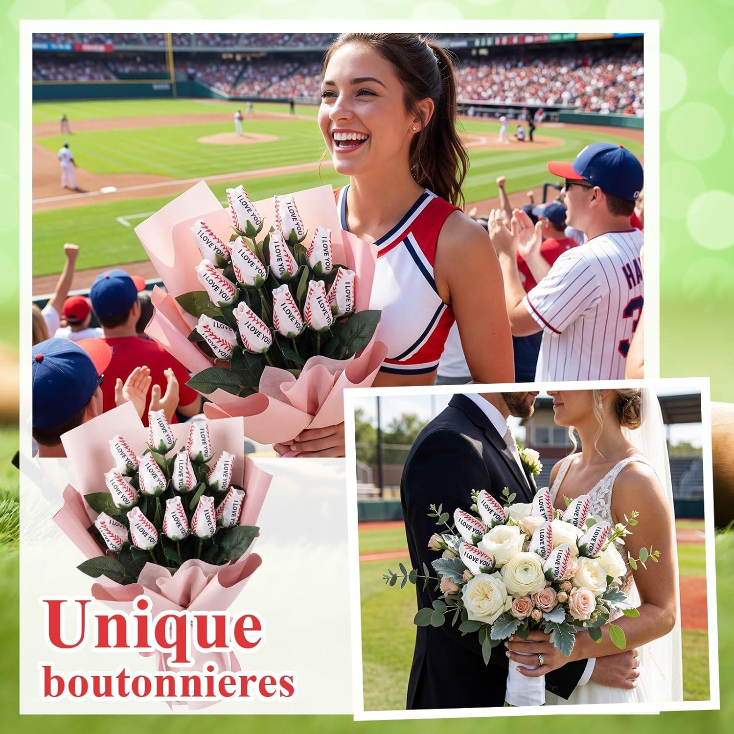 Suhine 12 Pcs Artificial Baseball Rose Flowers for Coach Mom Boyfriend Girlfriend Sports Party Favors Bulk for Birthday Graduation Wedding Party Decorations Table Centerpieces Gift(Love Color, Normal)