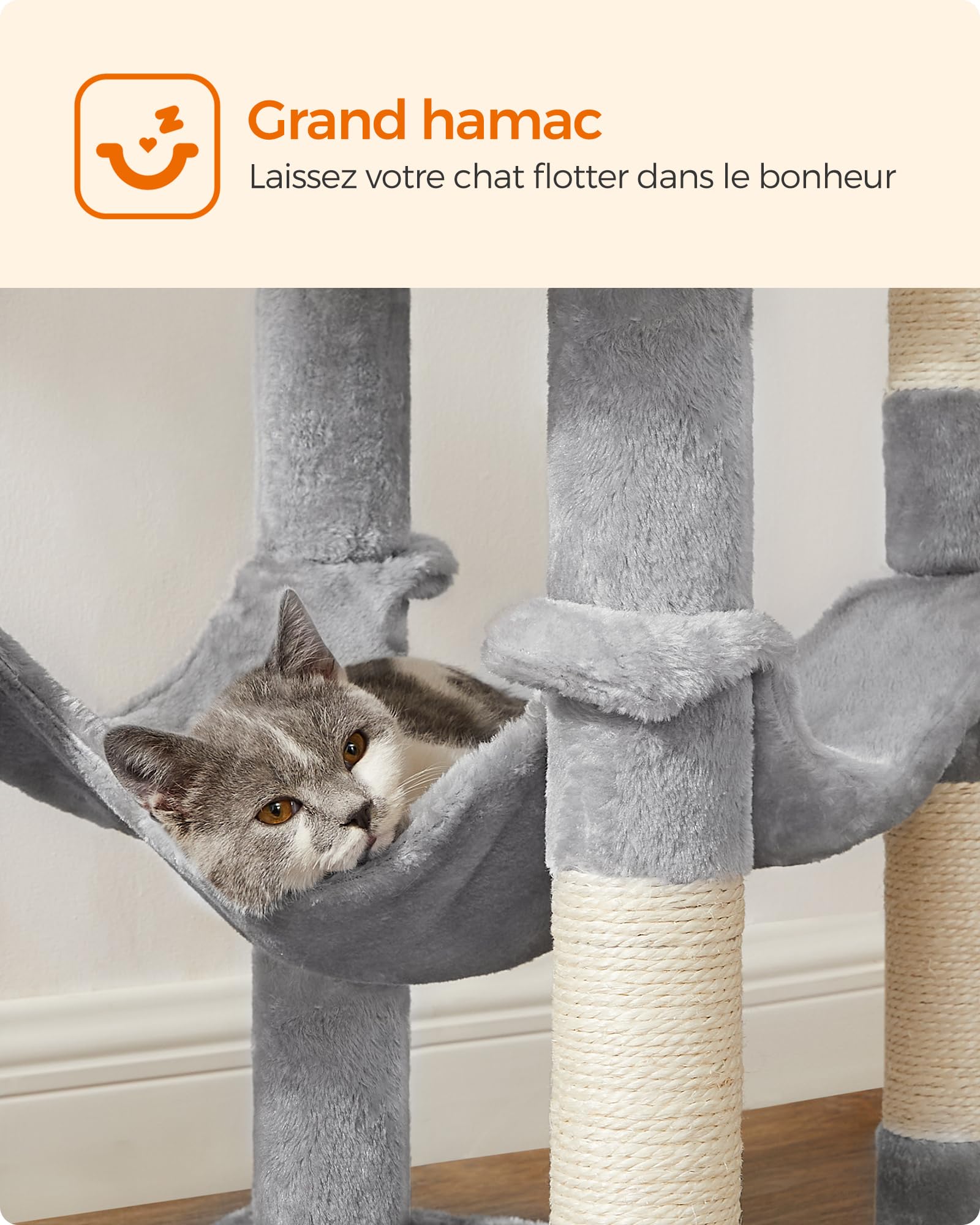 Feandrea Arbre à Chat Hauteur 143 cm, Tour de Jeux pour Chats, avec 4 Poteaux à Griffer, 2 Plateformes, 1 Niche, 1 Hamac, 2 Pompons, en Tissu Peluche, Multi-Niveaux, Gris Clair PCT161W01