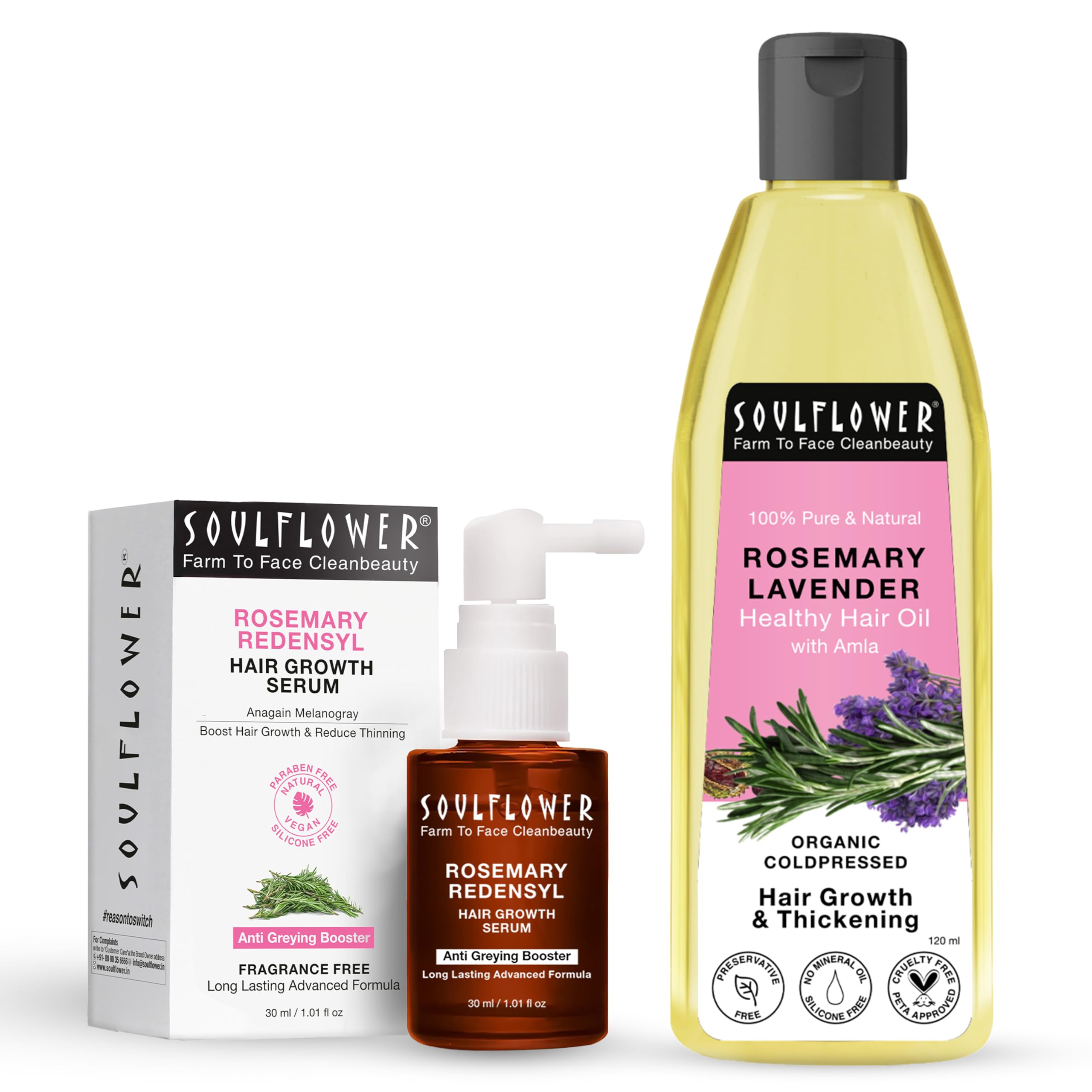 Soulflower Rosemary Redensyl Hair Growth Serum 30ml with 4% Anagain, 1% Melanogray, Caffeine, Biotin, Keratin, Tea Tree, Chia Seeds & Rice Water & Rosemary Lavender Healthy Hair Oil 120ml | Pack of 2