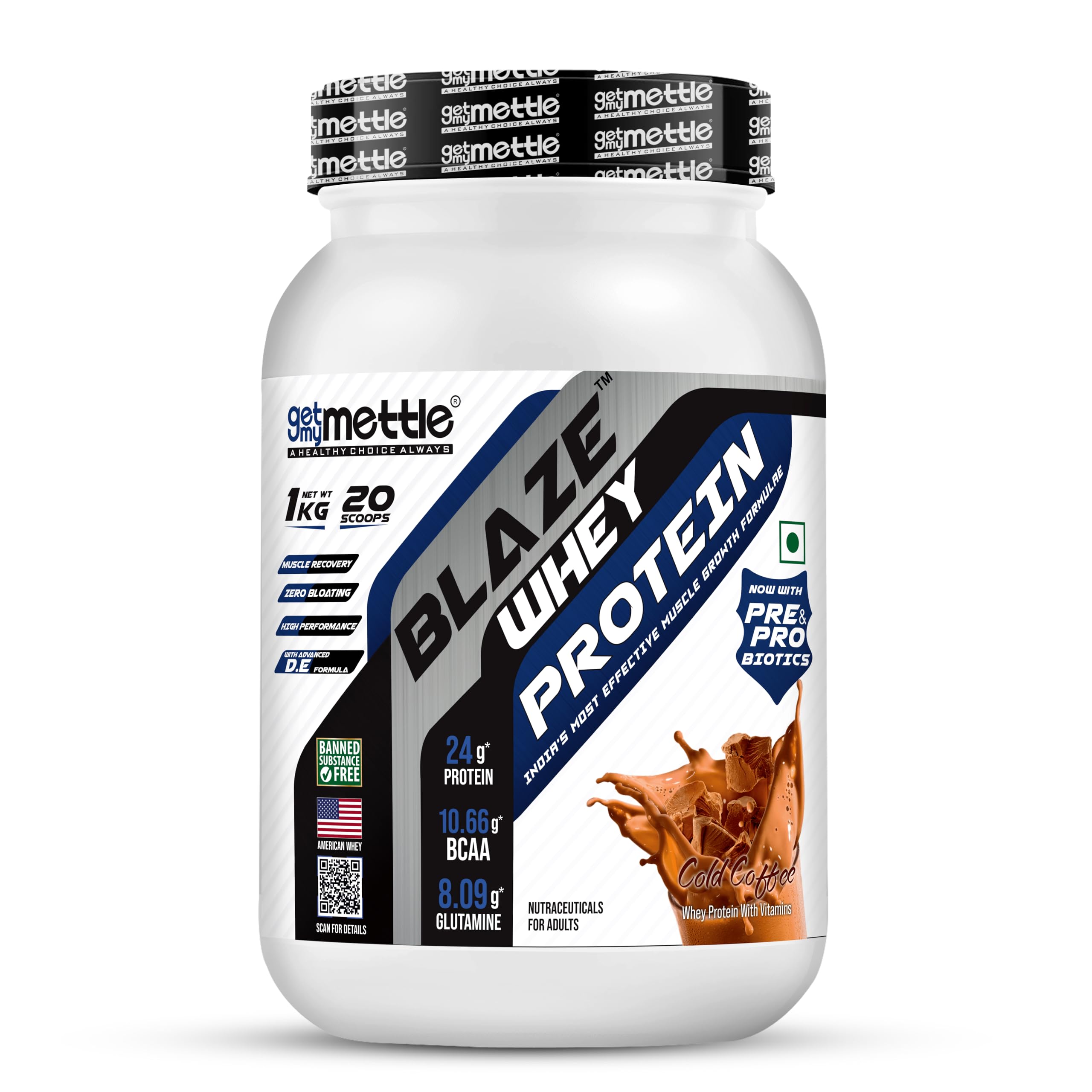 Getmymettle Blaze Whey Protein 1kg Cold Coffee | 24g Protein, 10.66g BCAA, 8.09g Glutamine, with Digestive Enzymes for Muscle Recovery.