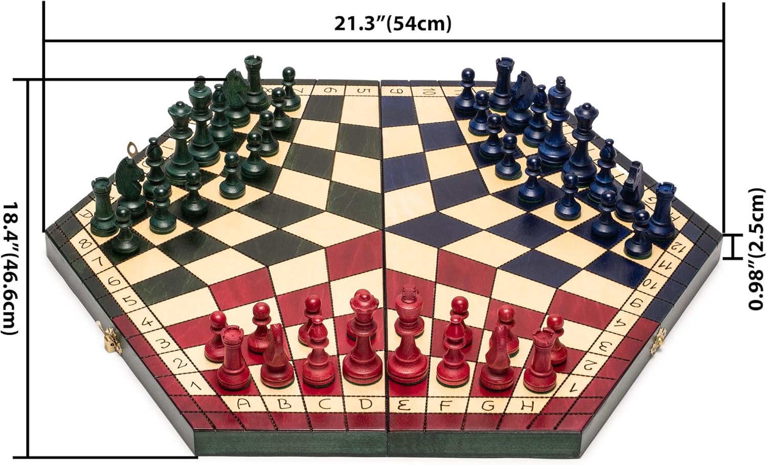 Husaria Wooden Three-Player Chess Set – 21" Foldable Hexagonal Board with Hand-Carved Tri-Color Pieces & Felt Storage – Made in Poland