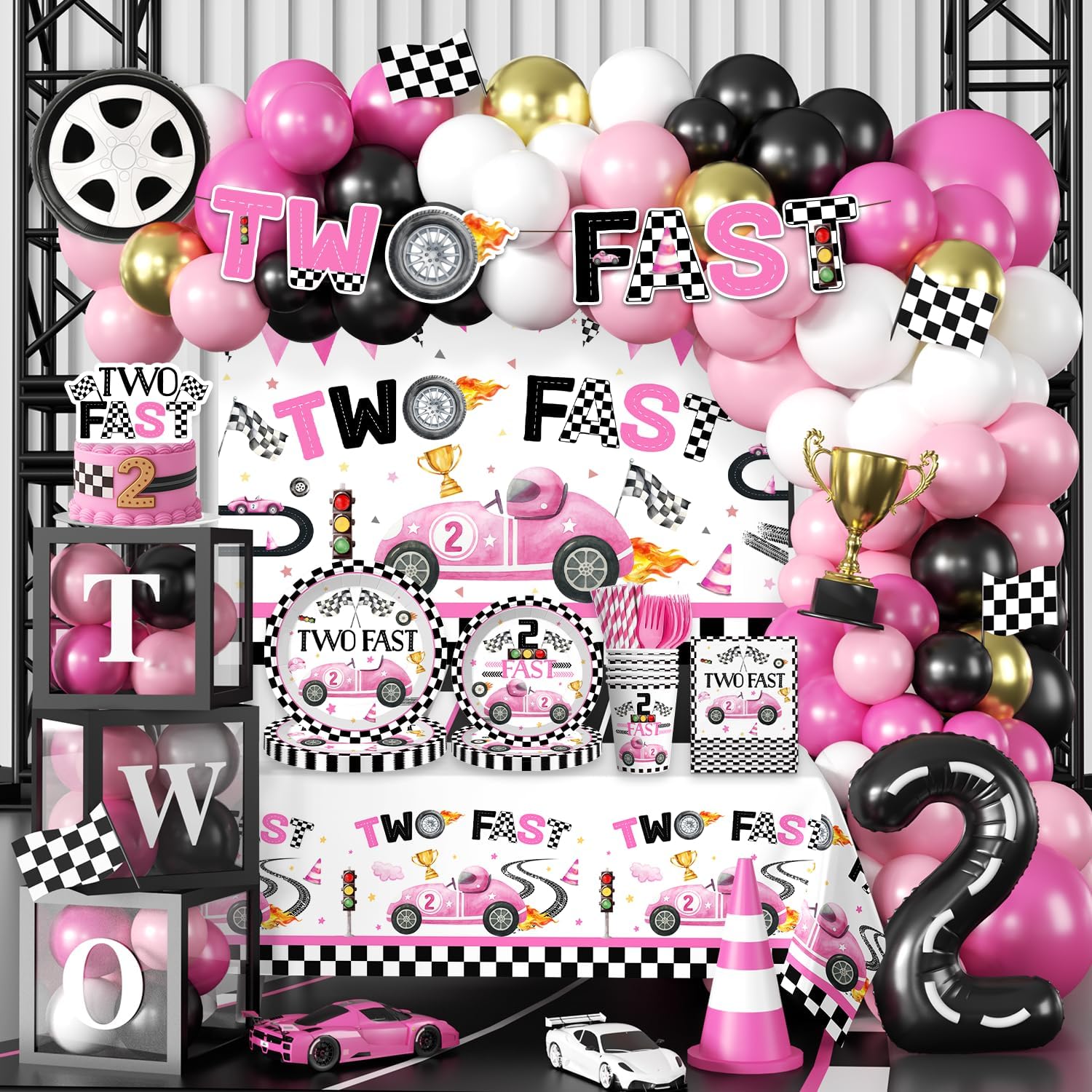 cocomigo 291pcs Two Fast Birthday Decor for 2 Year Old Girl, Worry-free One-stop Set for 25 Guests, includes Balloon Arch Thick Plates Caketopper Tablecloth, Easy Setup for Girls 2nd Birthday Party