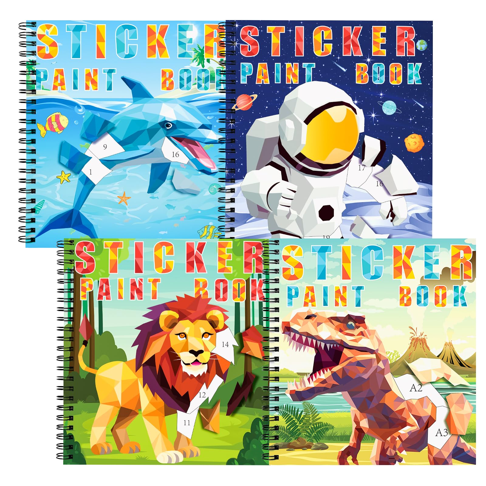 homicozy 4PCS Sticker Paint Books for Kids Ages 4-10,Dinosaur Astronaut Ocean Animals Designs Paint by Stickers,Sticker by Numbers,Party Birthday