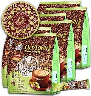 6-Pack (Cane Sugar) OLDTOWN White Coffee 3 in 1 Asian Instant Coffee Package with a Cork Coaster, old town White Coffee 90 Packets with a Random Flavor Sample Packet