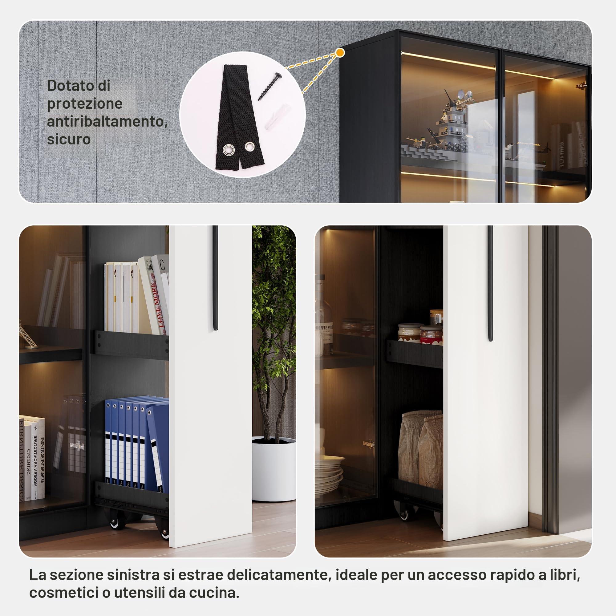 Armadio multifunzione/alto/da sala da pranzo 110,5 x 35 x 160 cm, vetrina con anta in vetro e LED, estensione laterale, design in bianco e nero, stile moderno, (nero, 110,5 x 5 x 160 cm)