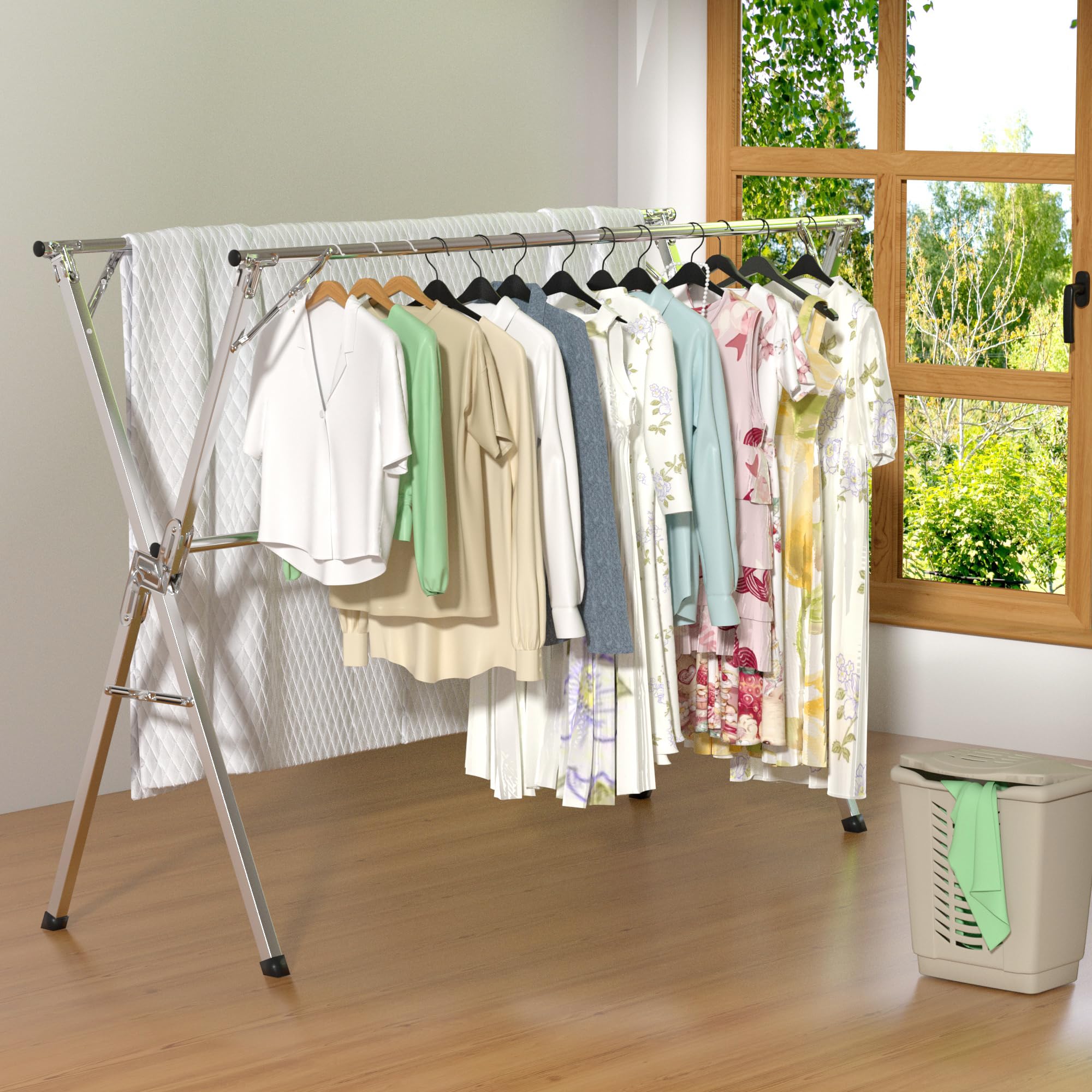 OUUTMEE 150-240 cm, stendibiancheria in acciaio inox, pieghevole, per uso domestico ed esterno, con 20 ganci in polipropilene antivento, allungabile
