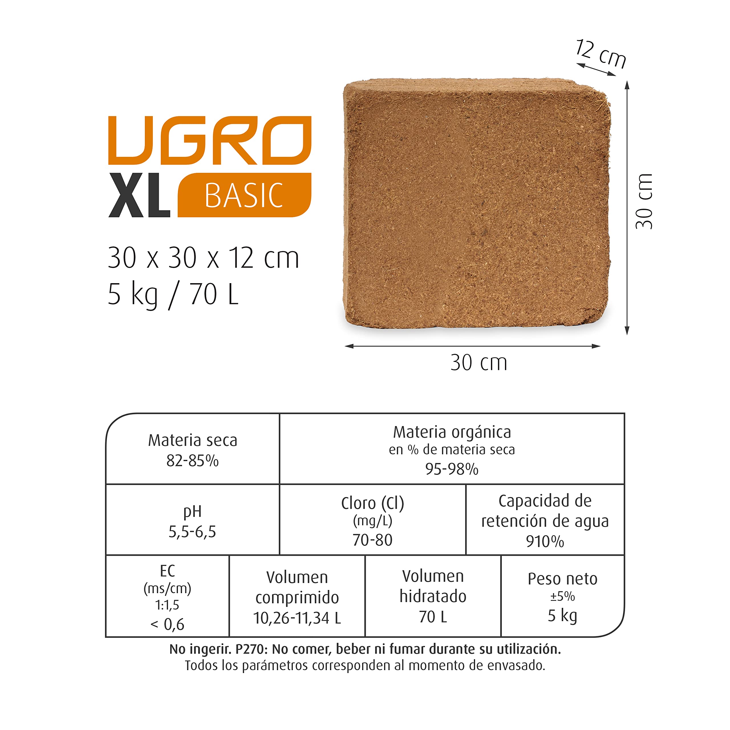 XL Basic - Sustrato de Coco, Bloque Comprimido con bajo Porcentaje de Fibra de Coco para Plantas y Huerto, 5 kg - 70 L (30x30x12 cm)