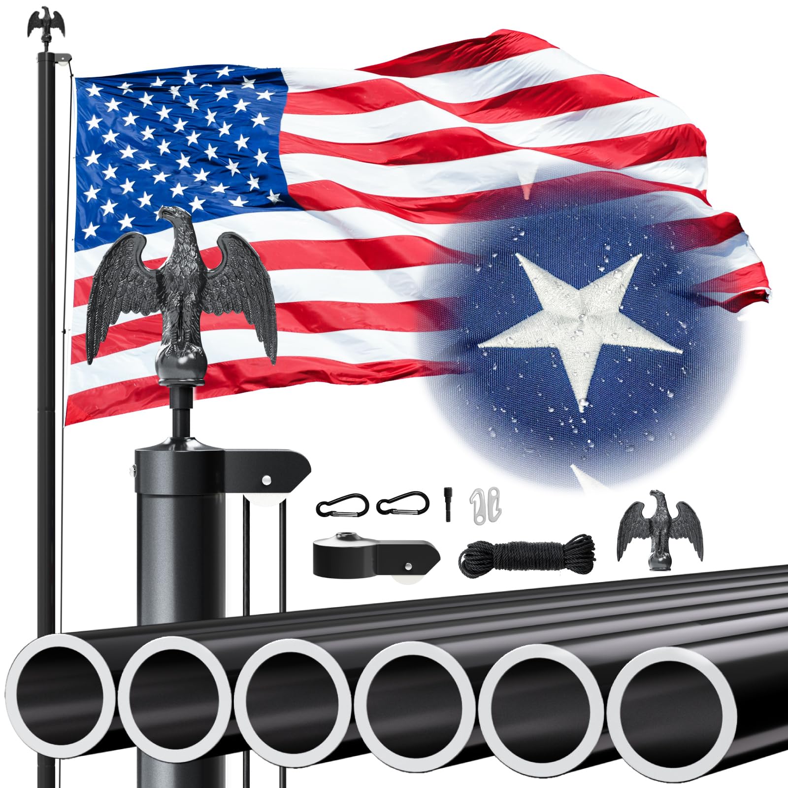 Heavy Duty 25 FT Flag Pole for Outside House,12 Gauge Extra Thick Aluminum Flagpole with 3x5 American Flag Outdoor,Inground Flag Pole Pole Kit for Residential Commercial (Black-25FT)