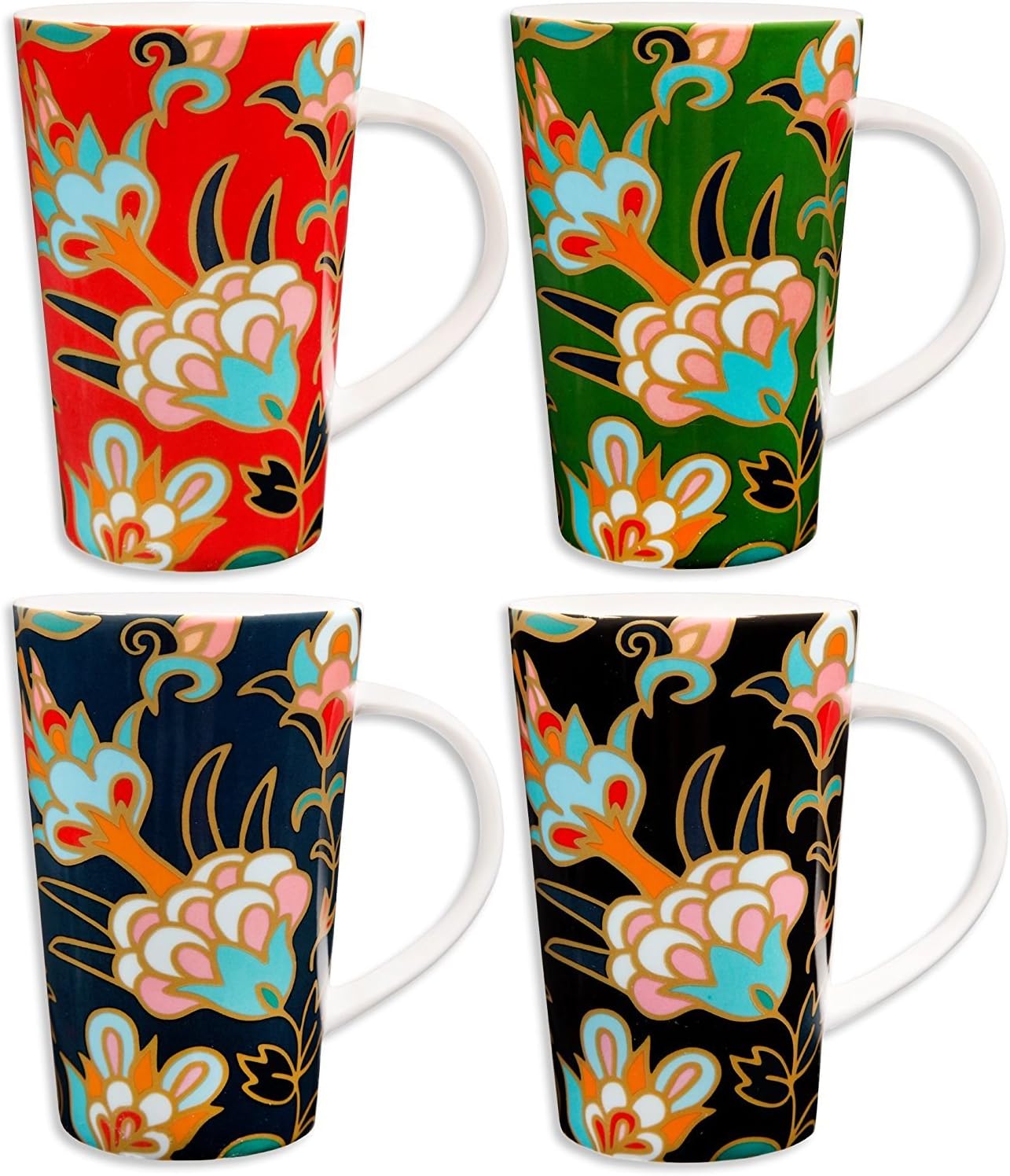 Colorful Tasty Ceramic Coffee Mug with Handle โ Set of 4 Ceramic Tea Cups Set - Tall Ceramic Latte Mugs Set (Flower 14 Oz)