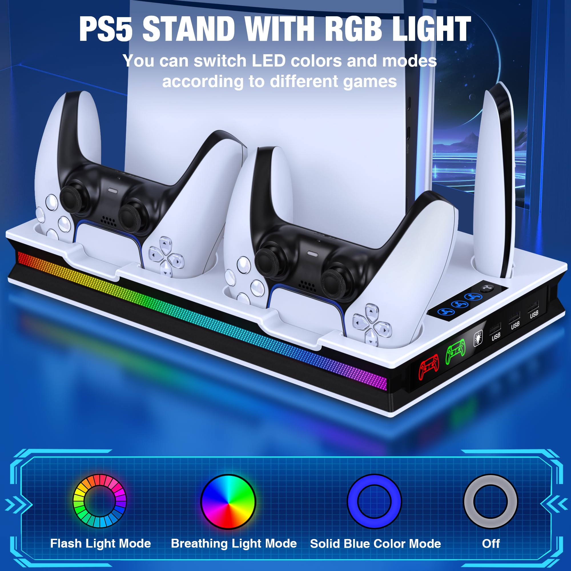 GAMSINGY PS5 Ständer mit Lüfter, Standfuß für Disc/Digital Edition, Headset Halterung/ Controller Ladestation/ Fernbedienung Solt/3 USB Hub, Zubehör für Playstation 5 Konsole