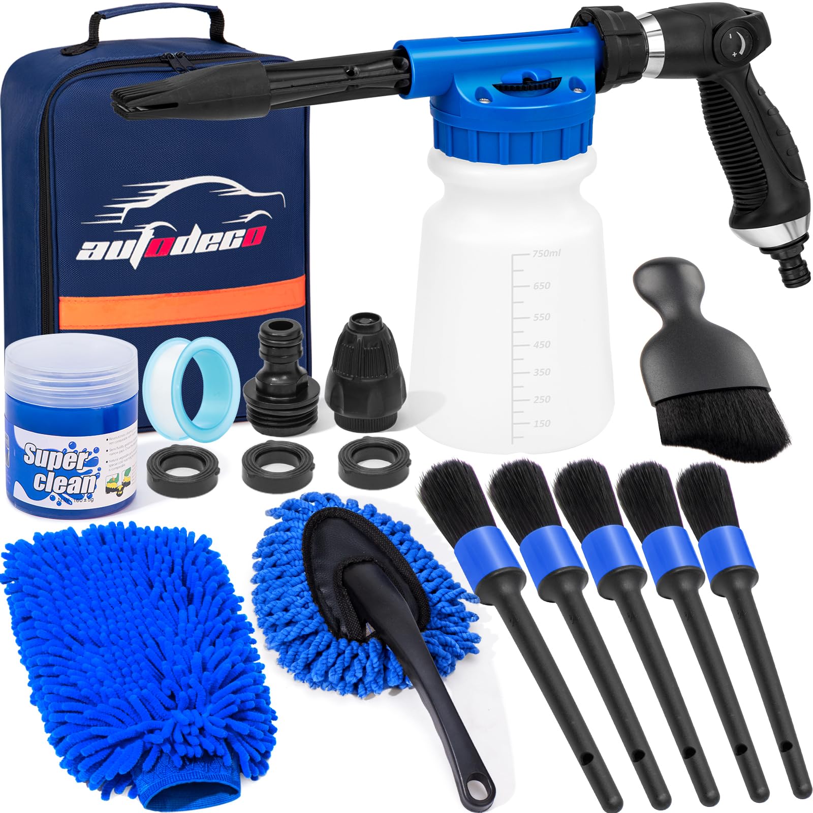 Kit de Nettoyage de Voiture avec Pistolet à Mousse, Brosse de Lavage de Voiture et Grand Gant de Lavage pour Nettoyage intérieur et extérieur de Voiture (Bleu)