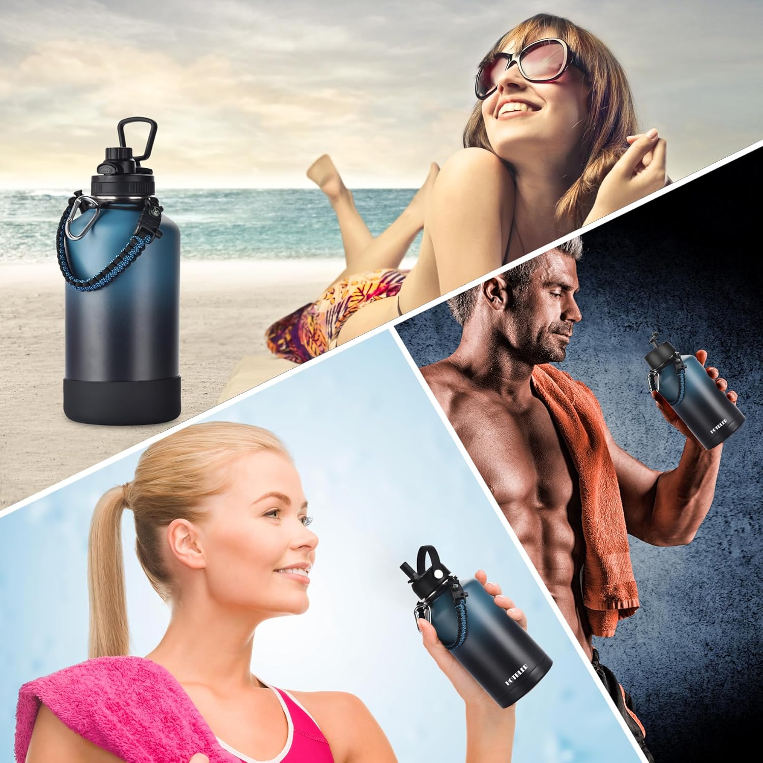 64oz Insulated Water Bottle with Paracord Handle &Carrier Bag &Silicone Boot,Half Gallon Double Wall Vacuum Stainless Steel Insulated Jug with Sleeve,Straw Spout Flip Lids, Leakproof Keep Cold & Hot - Image 6