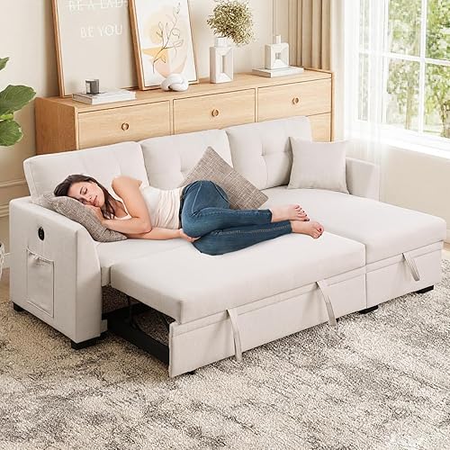 Miniatura 7 de Sofá en forma de L con almacenamiento y cama extraíble, futón convertible con puertos, sillón reclinable para sala de estar, dormitorio,