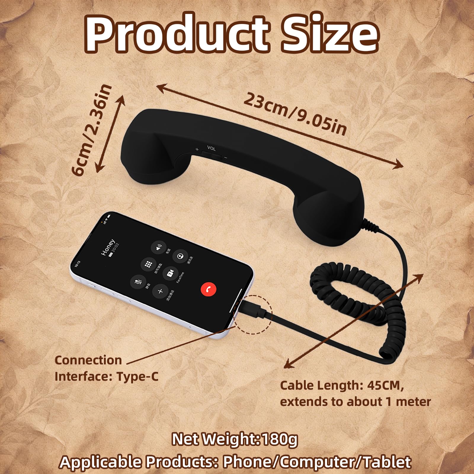 Retro Phone Handset for iPhone & Android, 2026 New Type-C Wired Receiver with Microphone & Speaker, Vintage Landline Style Handle for Noise Cancelling Calls, Meetings, and Home Office Desk Use - 3