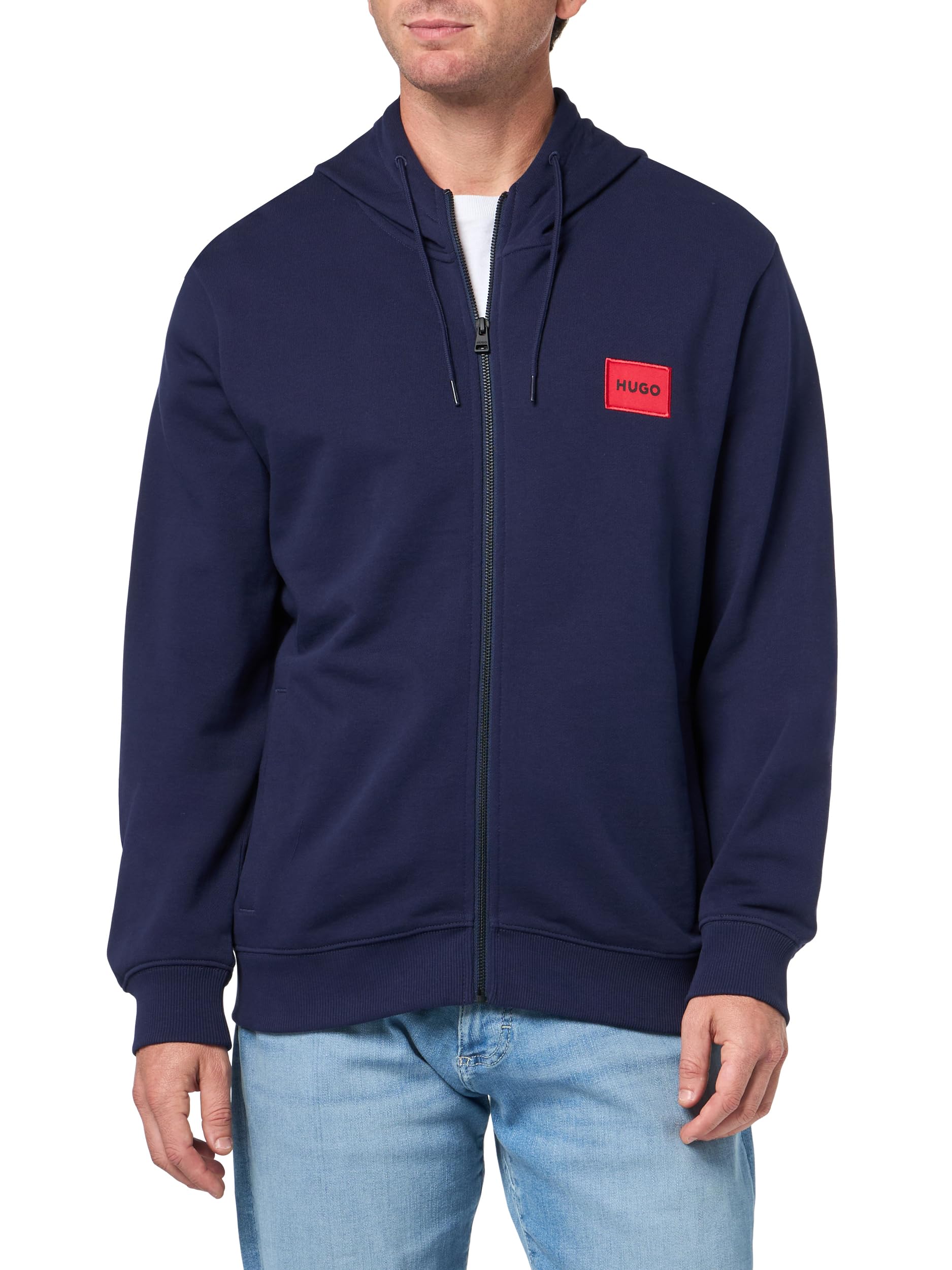 HUGO Men's Regular Fit Square Logo Jersey Hooded Zip Up Sweatshirt, Evening Blue, XXL