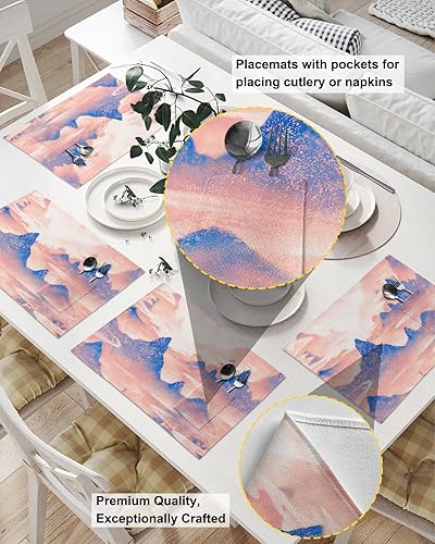 Miniatura 8 de Teal Da-mask Table Placemats for Dining Table Set of 6,Cotton Linen Cloth Kitchen Place Mats with Pocket,Washable SquareRectangleRoundOblong Table