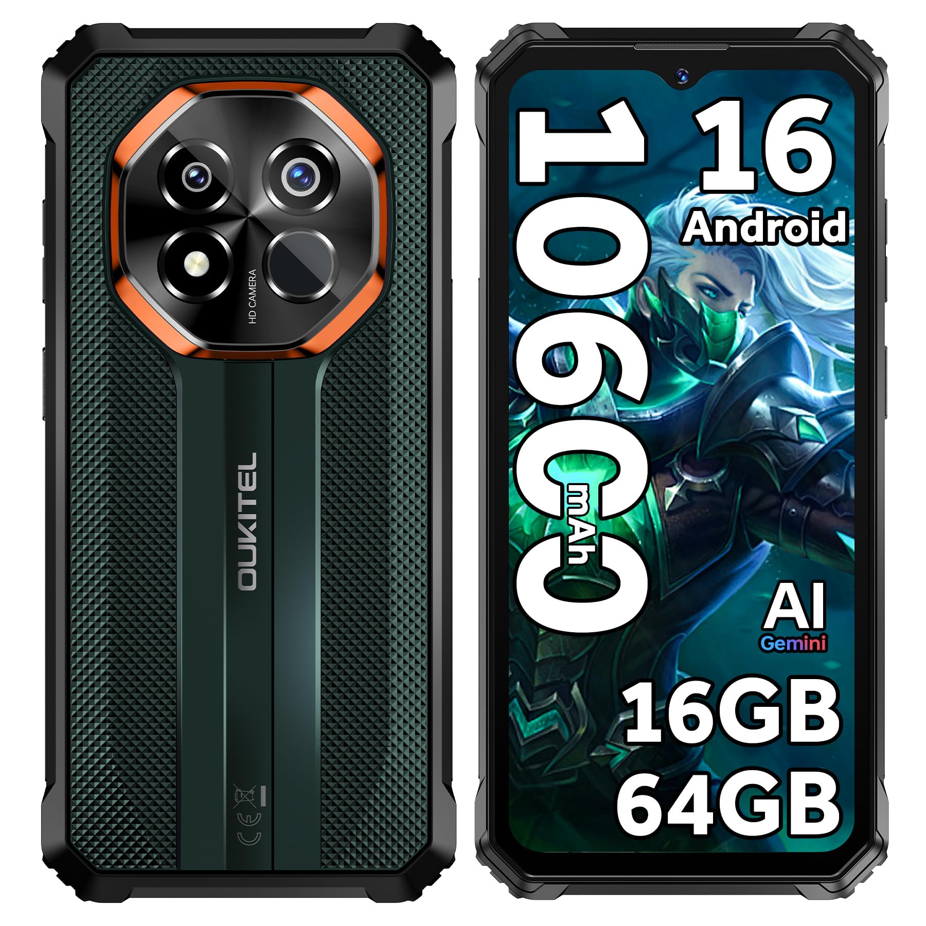 OUKITEL G7 Rugged Smartphone 2026-10600mAh Telefono Indistruttibile | 16GB+64GB/1TB Celluare Antiurto, 6.52" Rugged Phone, 16MP+8MP Cellulare Impermeabile, Android 16, Dual SIM/OTG/Face ID, Verde