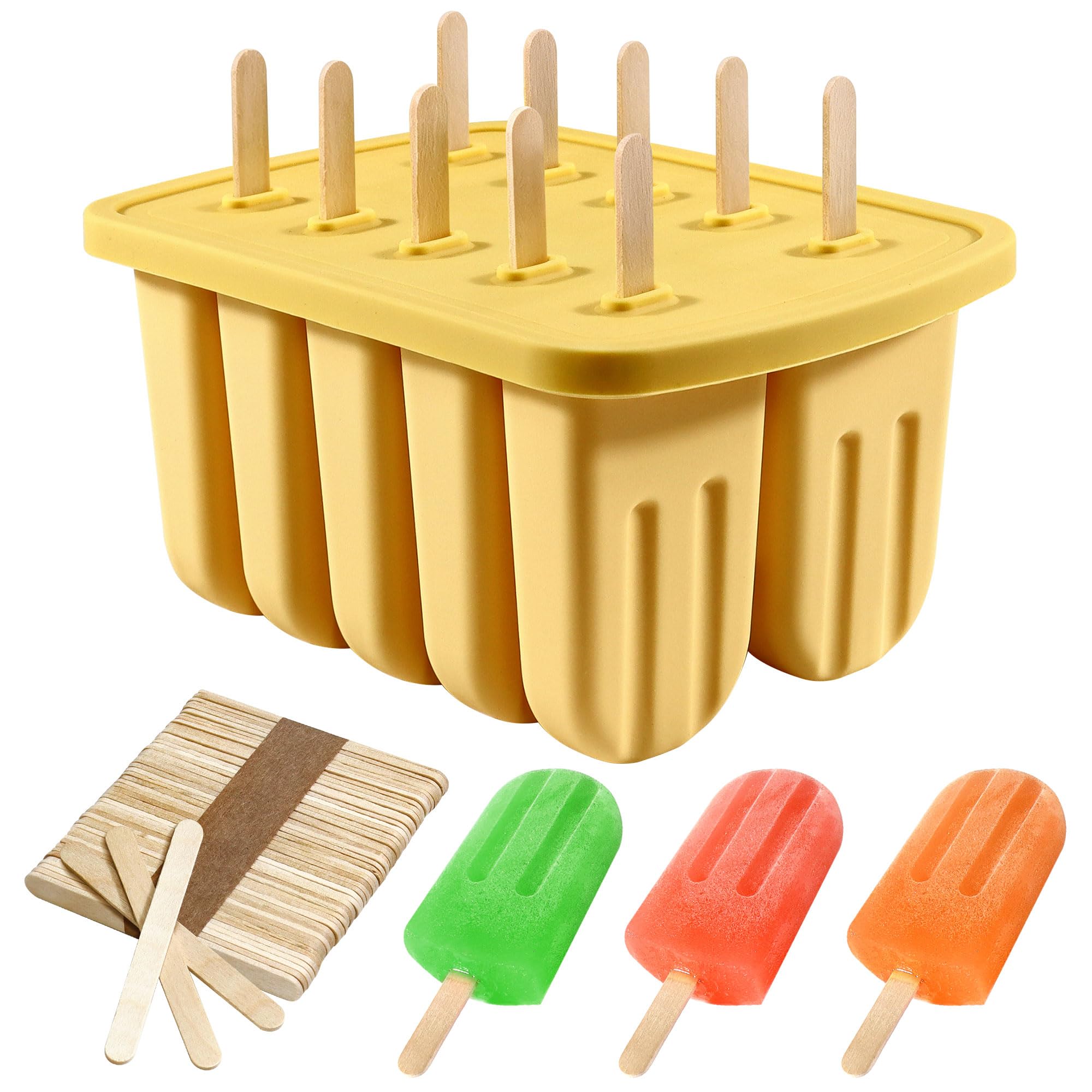 Ice Lolly Moulds,10 Cavity Popsicle Mould with 50pcs Wooden Sticks, Silicone Ice Pop Molds BPA Free Ice Cream Moulds＆Kids Summer DIY Home Kitchen Tool (Yellow)