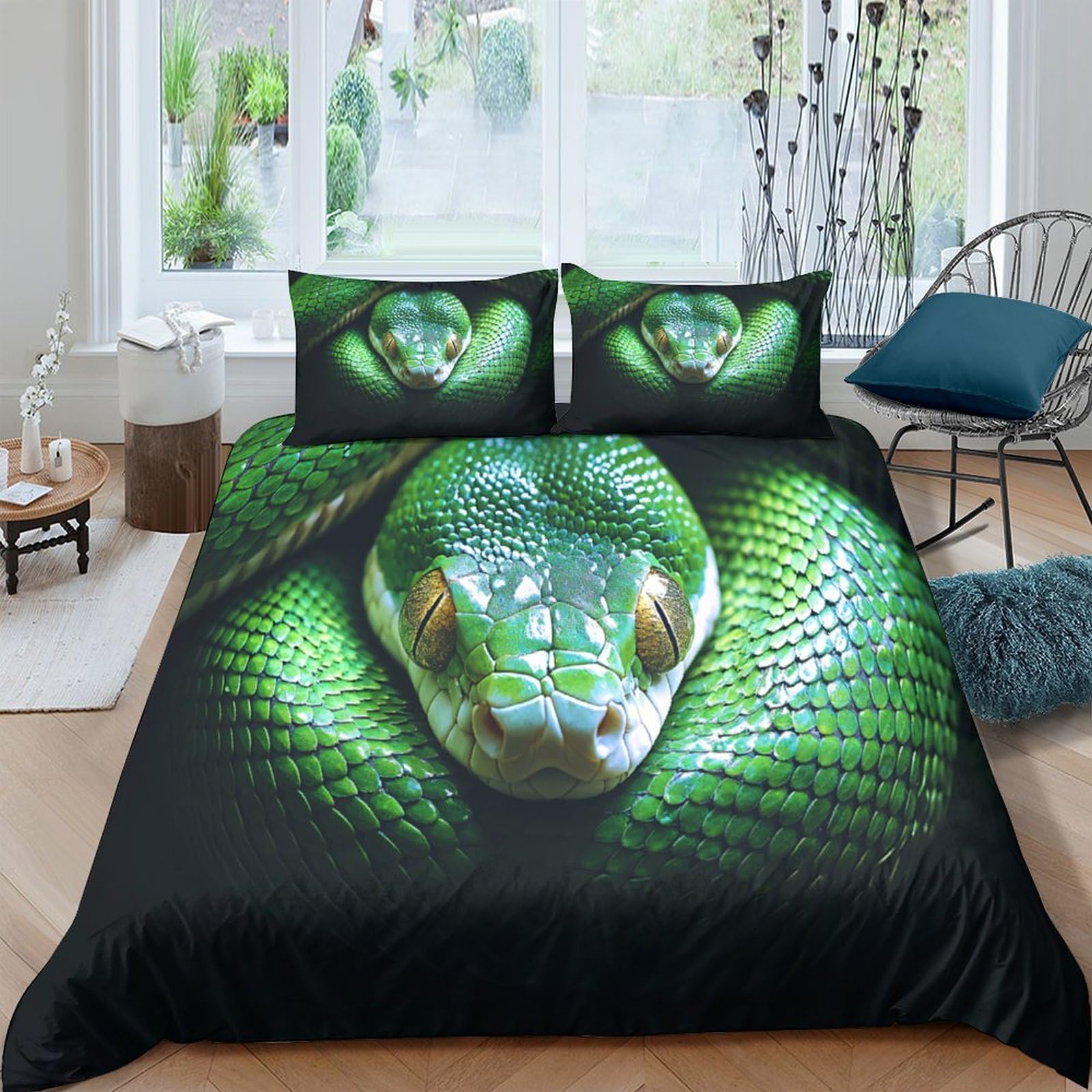 Ctjqhvkz Style-1 3D Printed Green Snake Fitted Sheet Microfiber Soft Breathable Reptile Pattern Bed Cover For Bedroom Home Decor Single（135X200cm）