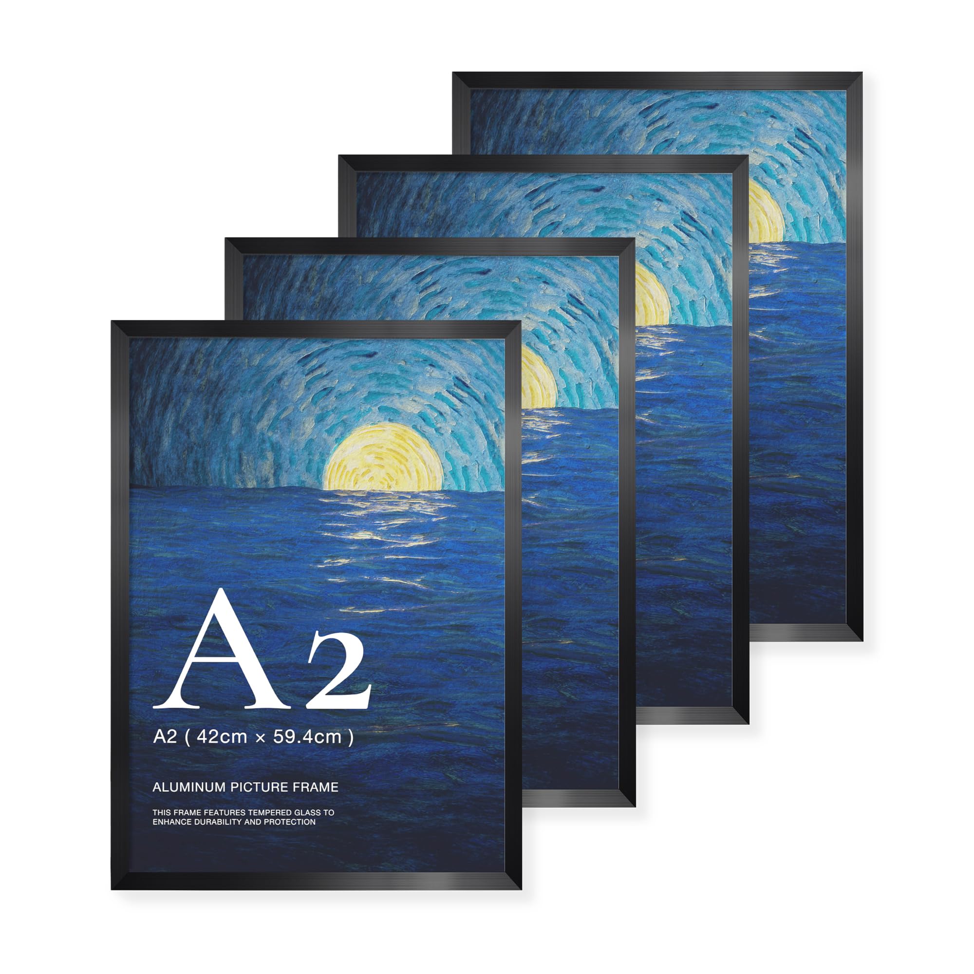 Livingtaste Brushed Black A2 Picture Frame Aluminium, 4-Pack 42X59.4 cm Photo Frame With Temperate Glass, For Posters, Artwork, Presentations And Wall Display