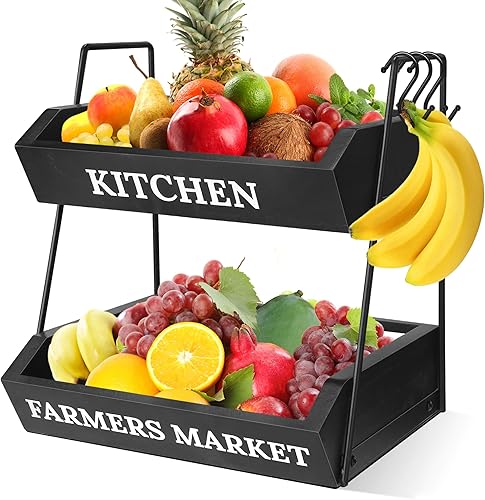 Cesta de frutas para encimera de cocina, frutero de madera de 2 niveles con 3 ganchos para plátanos, soporte de almacenamiento de frutas de gran Cesta de frutas para encimera de cocina, frutero de madera de 2 niveles con 3 ganchos para plátanos, soporte de almacenamiento de frutas de gran