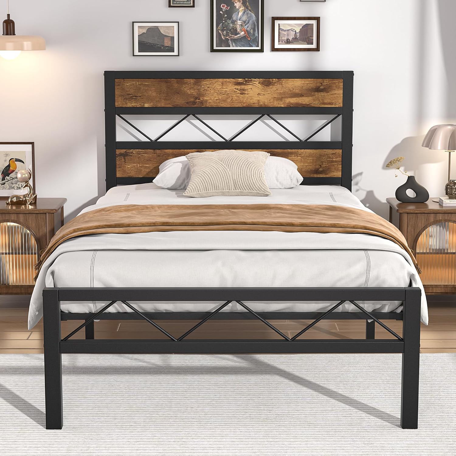 VECELO Cadre de Lit 90 x 190cm, avec Tête en Bois, Sommier Plateforme en Métal, avec Support à Lattes Solides et Espace de Rangement, Assemblage Facile, Marron Rustique