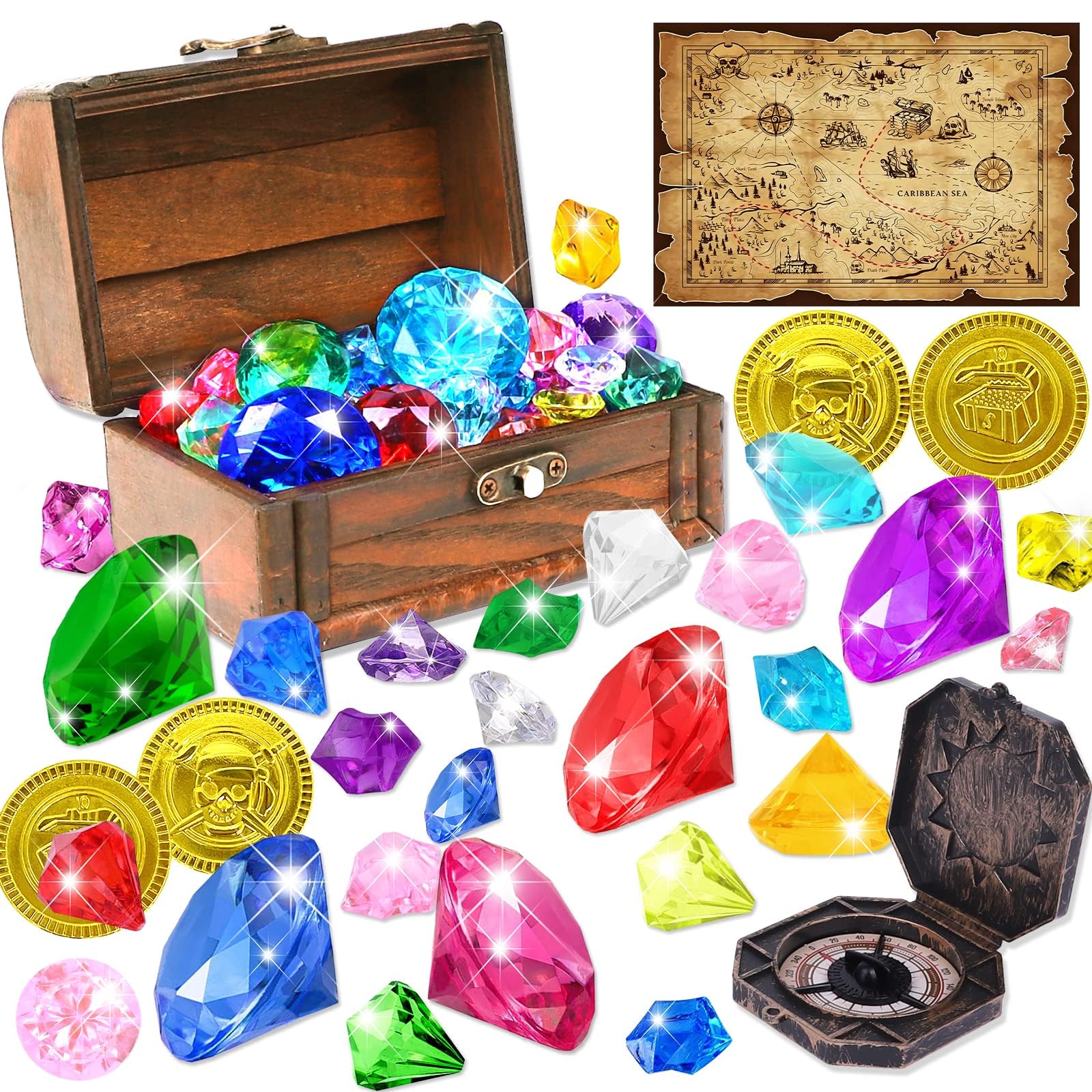 MAKINGTEC 63 PCS Diving Gem Pirate Toys, Colorful Pool Acrylic Diamonds Pirate Treasure Chest Gold Coins with Underwater Swimming Throw Pirate Toy for Kids Birthday Summer Swimming Pool Party Favor