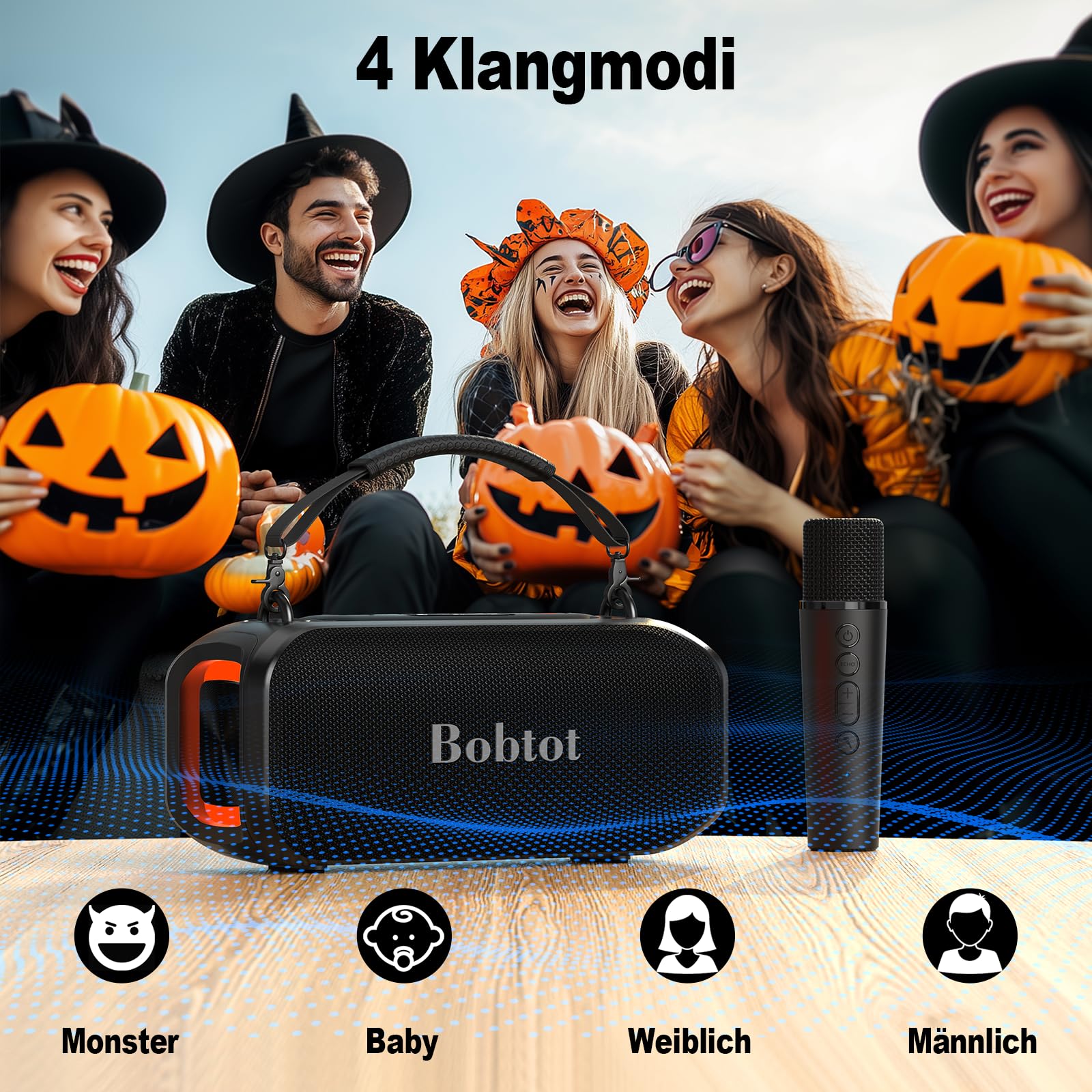 Tragbarer Karaoke-Lautsprecher für Erwachsene, kompakte Gesangsmaschine mit kabellosem Mikrofon, Bluetooth-Lautsprecher mit sattem Bass, magischem Klang und LED-Beleuchtung