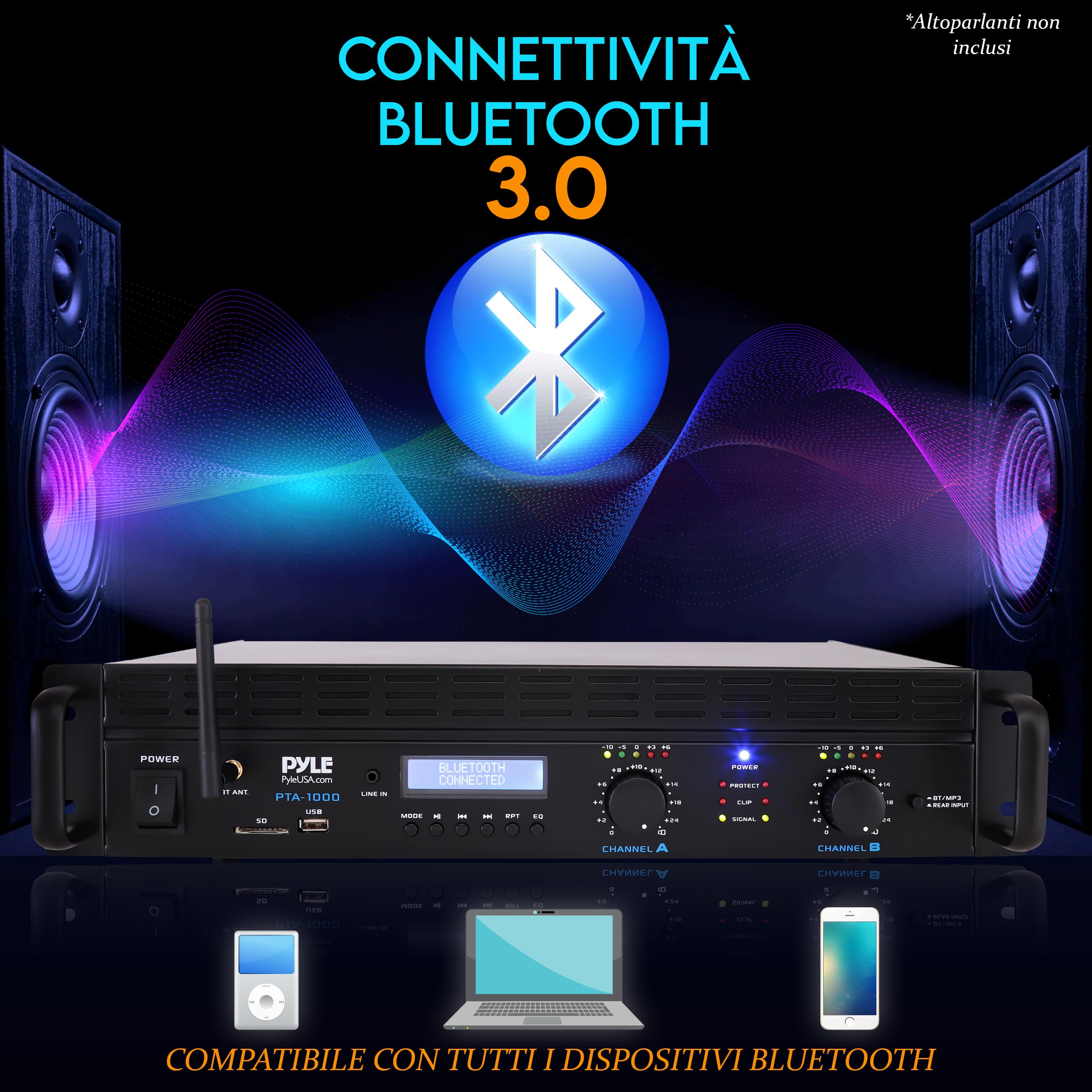 Pyle Amplificatore Audio Potenza Bluetooth a 2 Canali, 2000 Watt Amplificatore Pro Audio Rack Mount