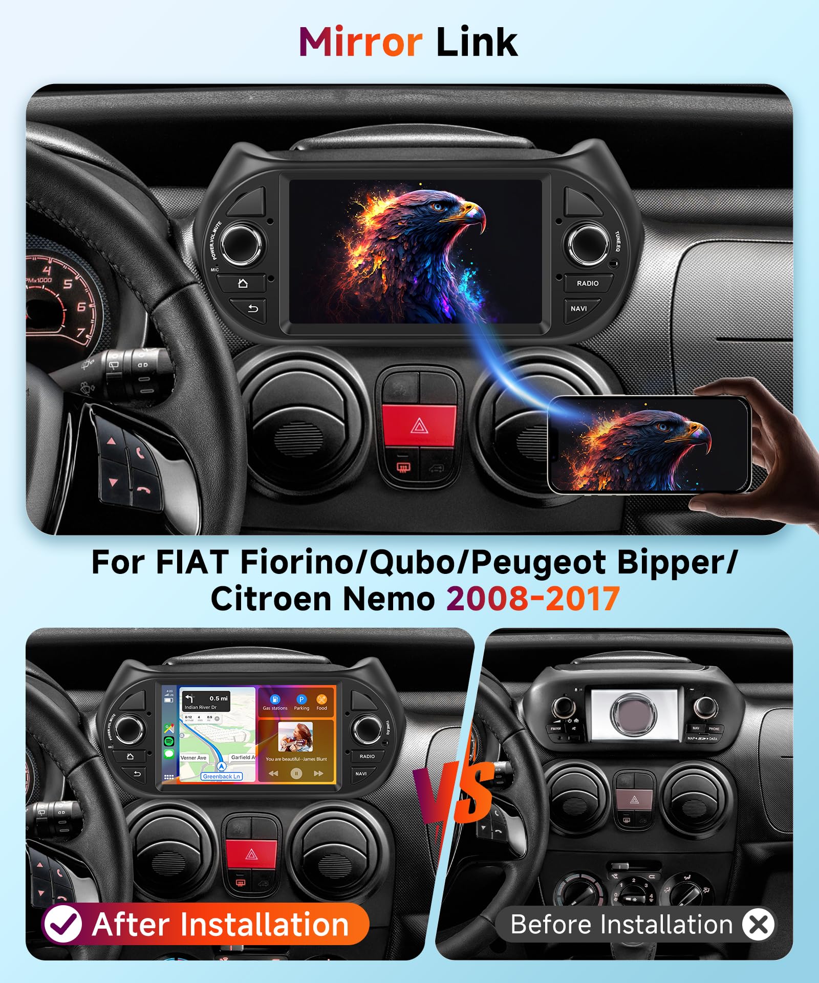 Autoradio Android 15 Per FIAT Fiorino/Qubo, Peugeot Bipper, Citroen Nemo – Schermo IPS 7", 4G+64G, CarPlay/Android Auto Wireless, GPS, WiFi, Bluetooth, Retrocamera
