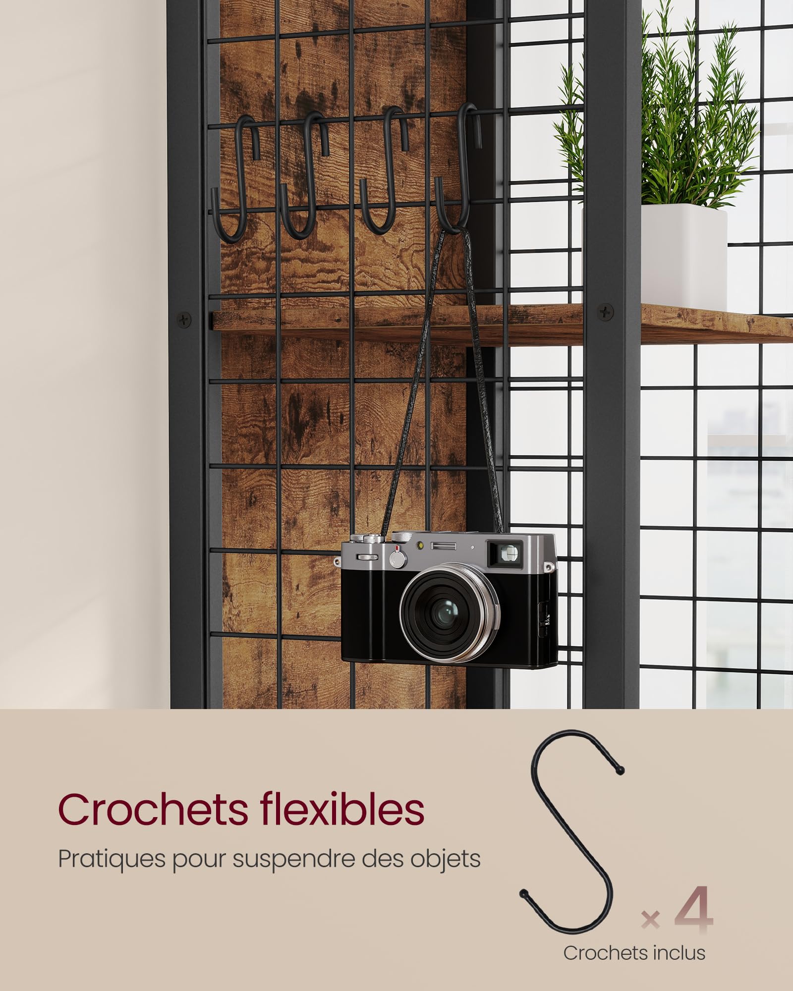 VASAGLE Bibliothèque, Étagère à 6 Niveaux, Meuble de Rangement, 30 x 40 x 175,6 cm, avec 4 Crochets en S, pour Bureau, Salon, Cadre en Acier, Marron Rustique et Noir d'encre LLS170K01