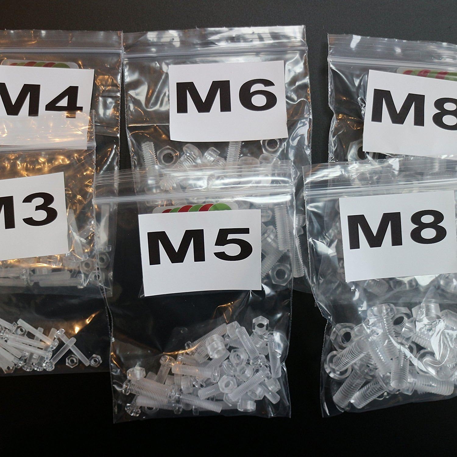 Pack of 100, M3, M4, M5, M6, M8 - Transparent Clear Plastic Acrylic Nuts & Bolts -Acrylic Plastic Screws, M3, M4, M5, M6, M8, Washers