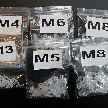 Pack of 100, M3, M4, M5, M6, M8 - Transparent Clear Plastic Acrylic Nuts & Bolts -Acrylic Plastic Screws, M3, M4, M5, M6, M8, Washers