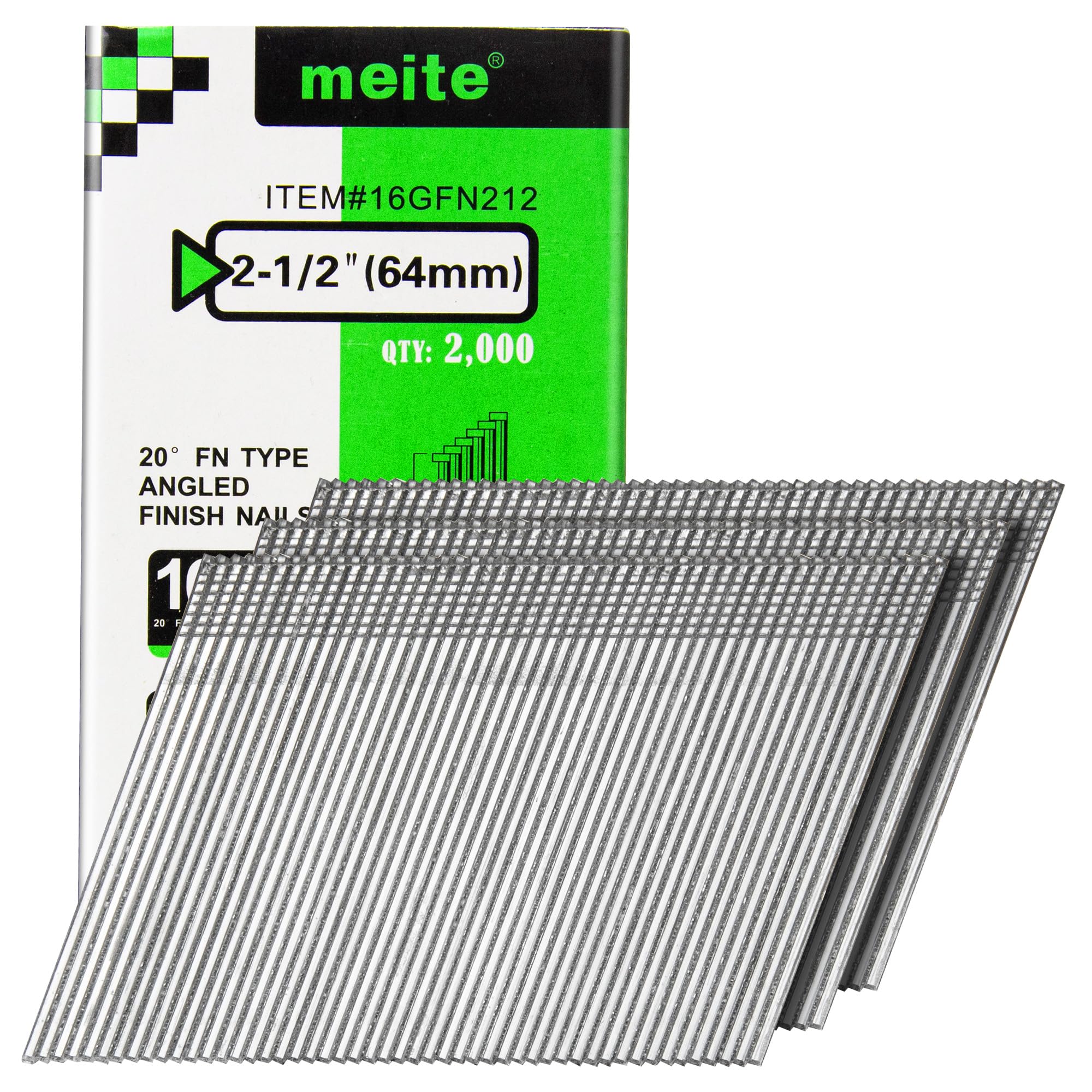 meite 16 Gauge 20 Degree Angled Finish Nails 2-1/2 Inch Leg Galvanized No-rust Finishing Nails for Finish Nailer Gun - Cabinet Crown Baseboard