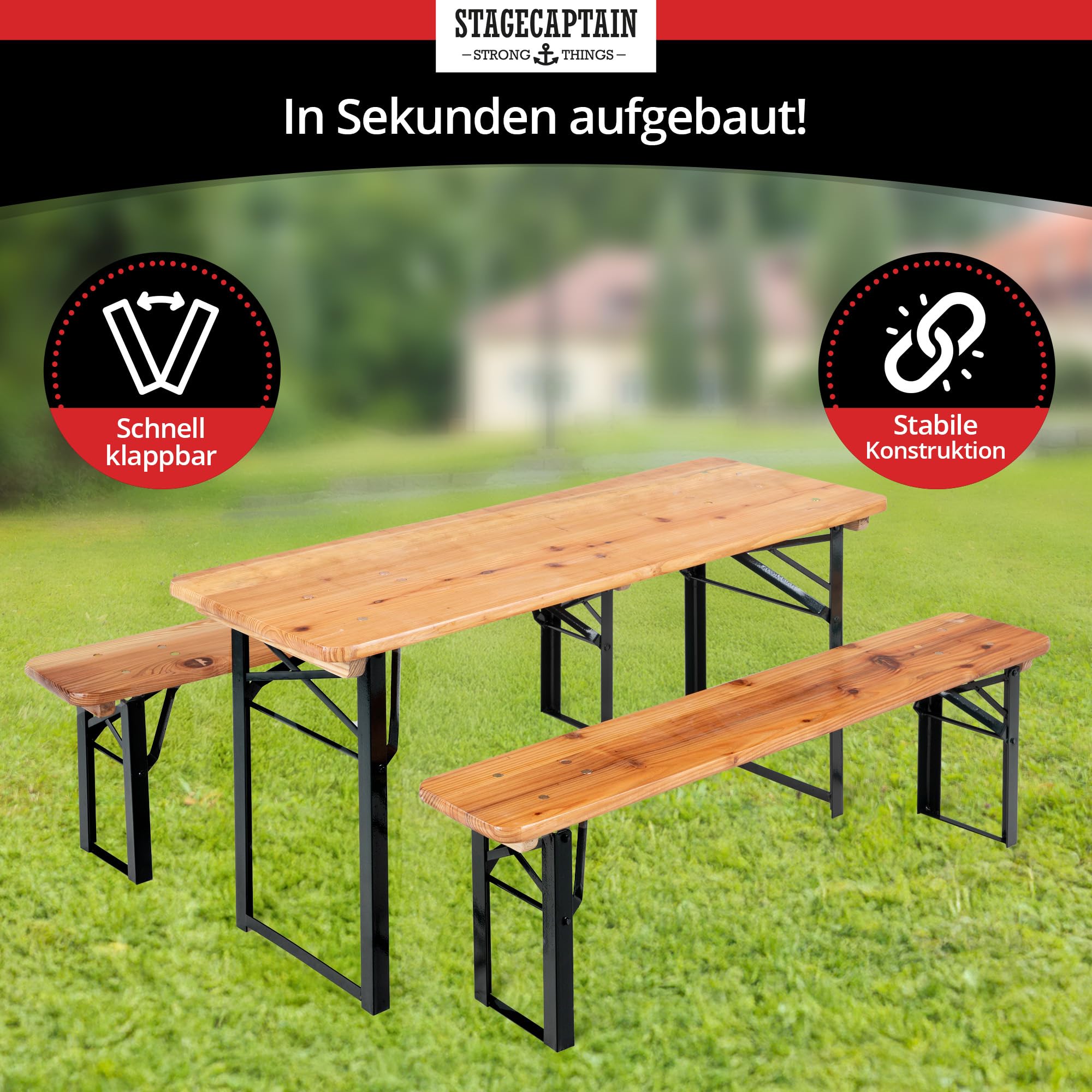Stagecaptain BBK-110 Hirschgarten Bierzeltgarnitur für Kinder - Kurze Version mit 110 cm Länge - Klappbare Festzeltgarnitur 1x Tisch 2X Bank - Sitzgarnitur aus Holz - Innen & Außenbereich - Natur