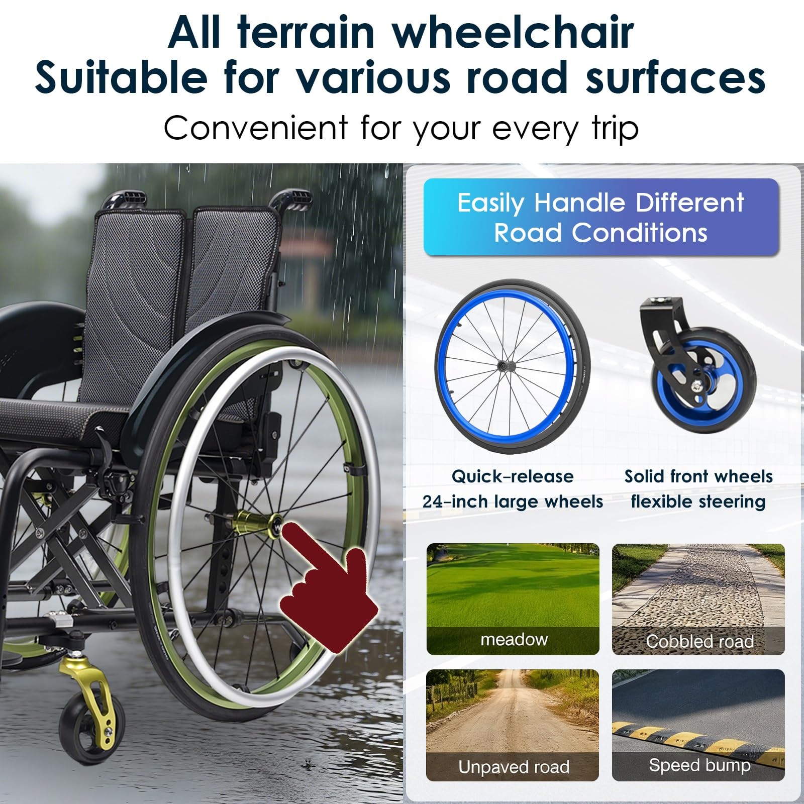 Silla de ruedas manual ligera, silla de ruedas deportiva ultraligera portátil todo terreno, silla de ruedas plegable, sillas de ruedas de transporte con antivuelco(A,40cm/15.7in)