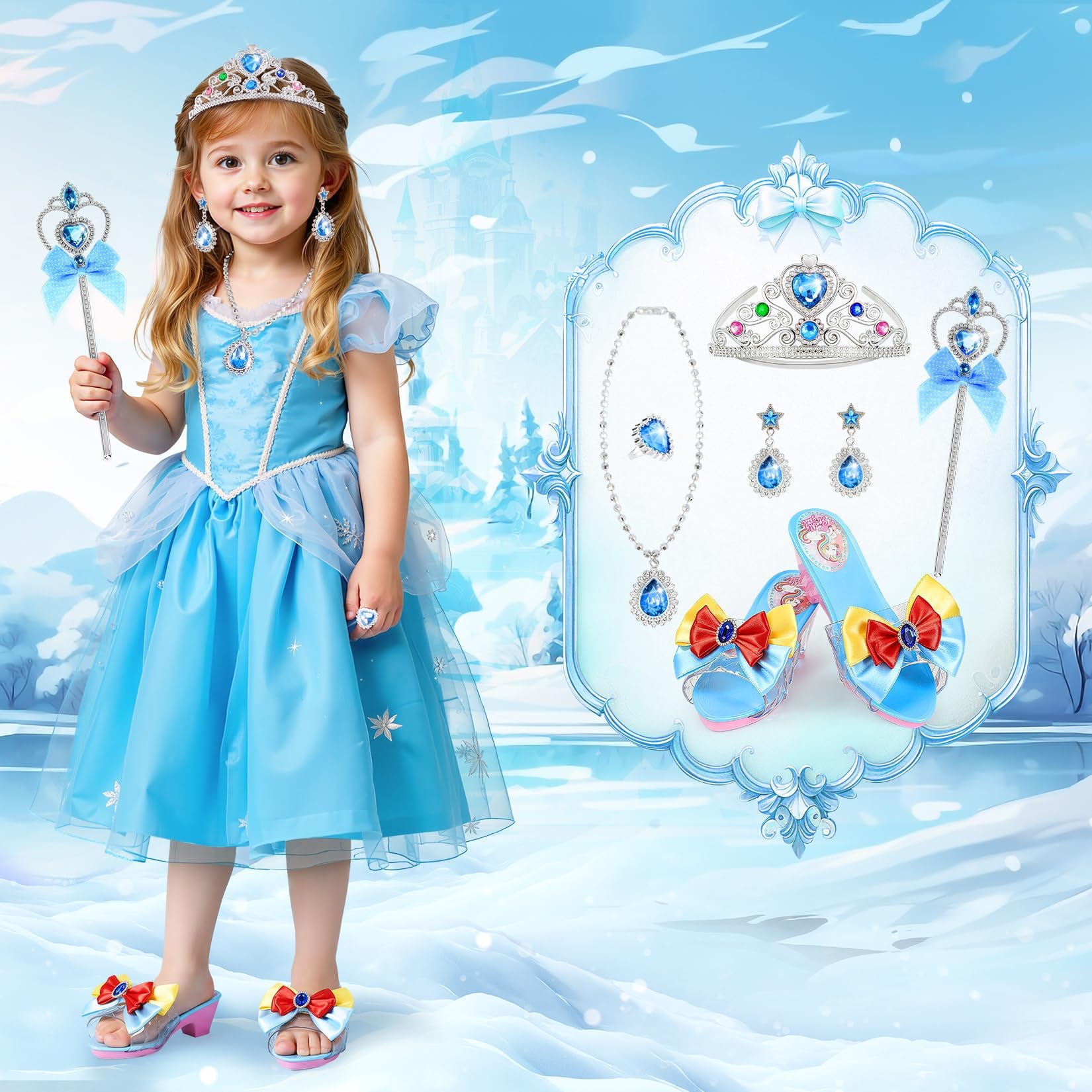 Prinzessin Schuhe Mädchen, Kinder Stöckelschuhe mit Absatz, Zubehör Set mit Krone Zauberstab Schmuck,Glitzer Design,Spielset Verkleidung Karneval,Rollenspiel Zubehör,Geburtstag Weihnachten für Mädchen