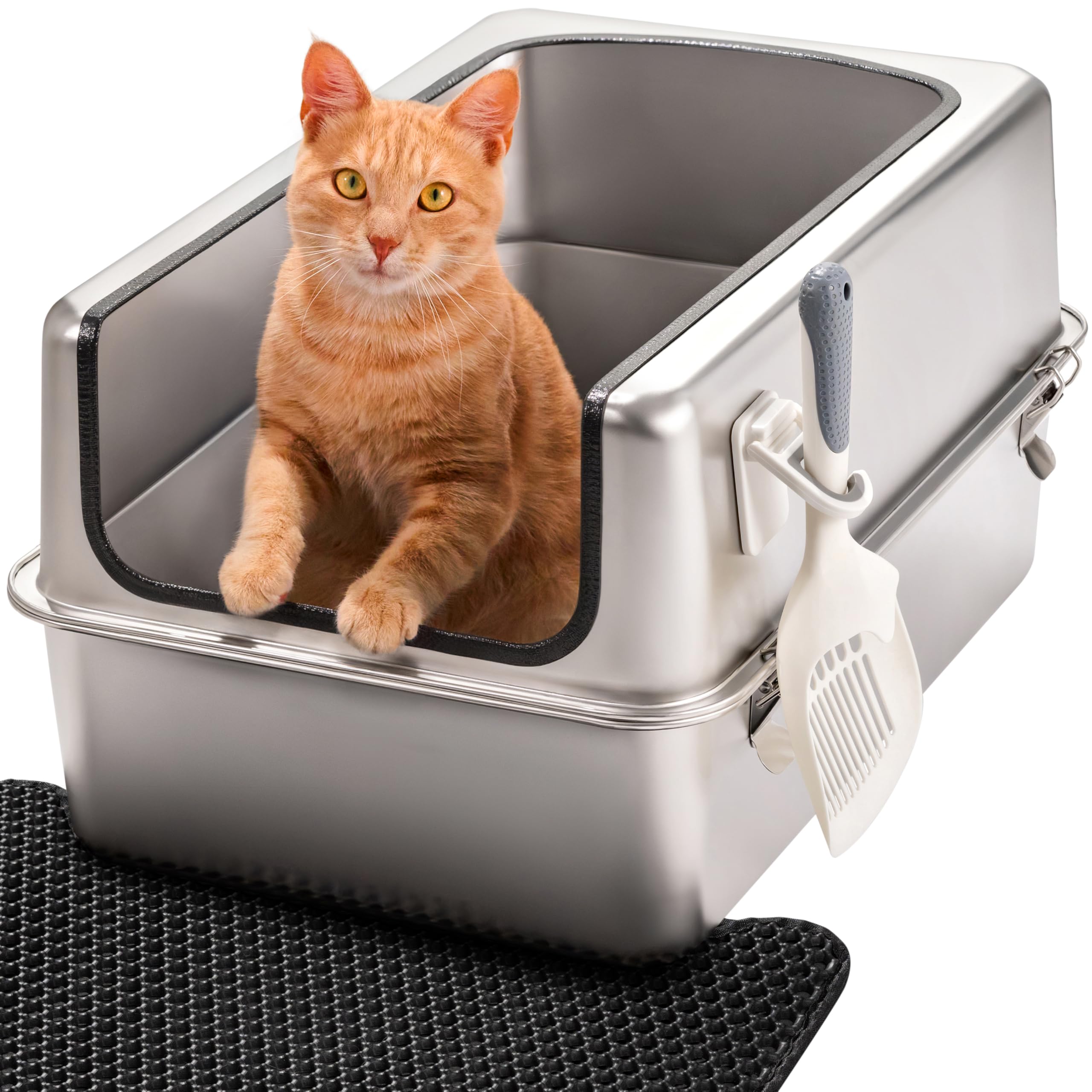 Arenero Acero Inoxidable Gatos – Caja de Arena para Gatos XXL – Capacidad de 38 L – Superficie Antiadherente – Sin olores y Antiadherente – Incluye Pala para Arena y Alfombrilla – 60 × 40 × 32 cm Certificado ClimatePartner