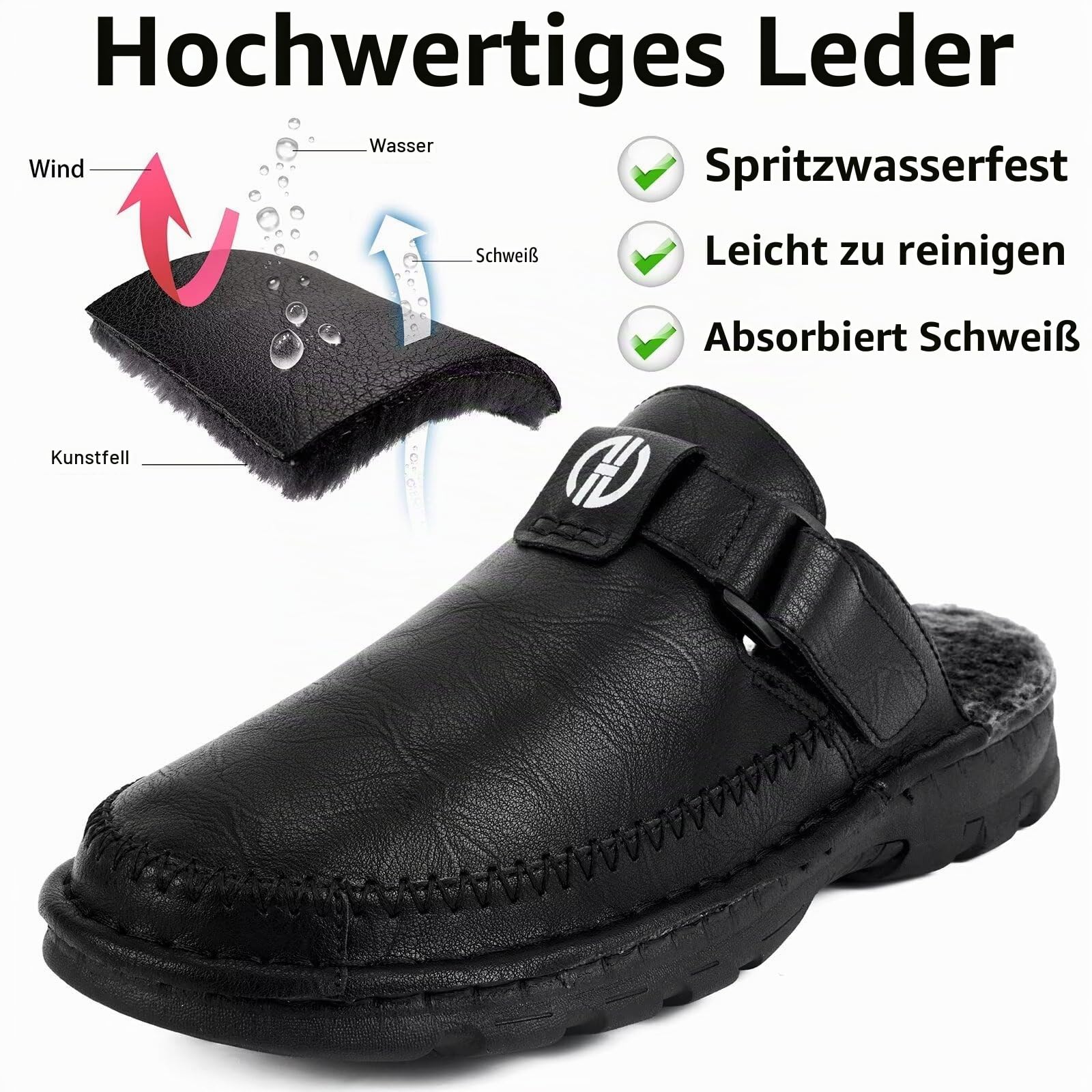 Hausschuhe Herren Leder Warm Plüsch Gefüttert Pantoffeln Clogs Mit Rutschfest Gummisohle