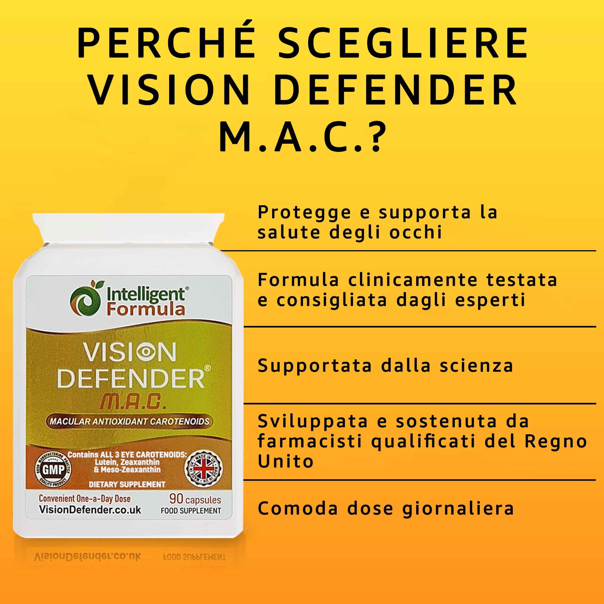 Vision Defender MAC Vitamine per gli Occhi – Carotenoidi Tripli: Luteina 10mg, Zeaxantina 2mg & Meso-Zeaxantina10 mg – Supporto Vista & Salute Oculare – 90 Capsule – Prodotto nel Regno Unito
