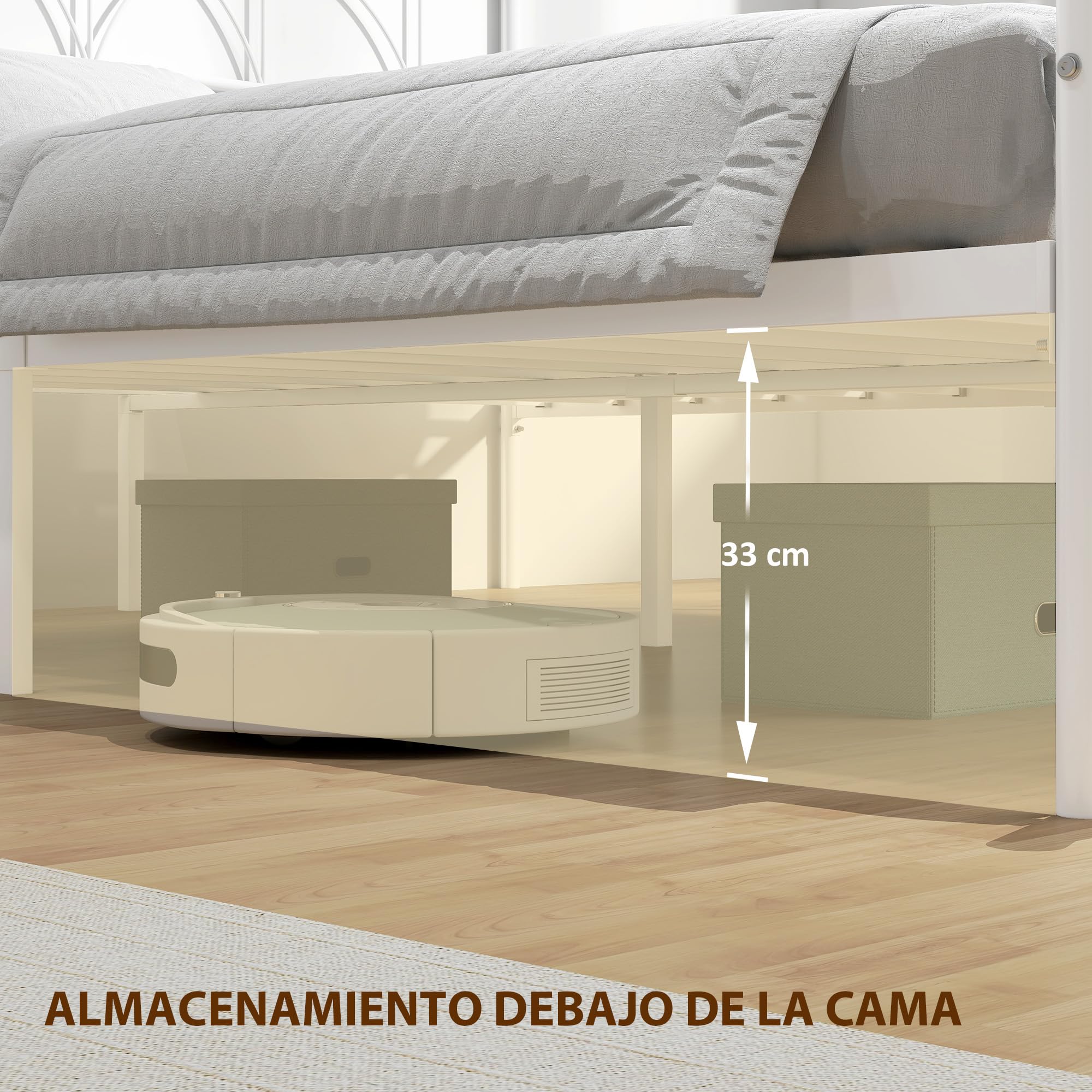 HOMCOM Cama Matrimonio 140x190 cm Estructura Acero Cabecero Almacenamiento Blanco