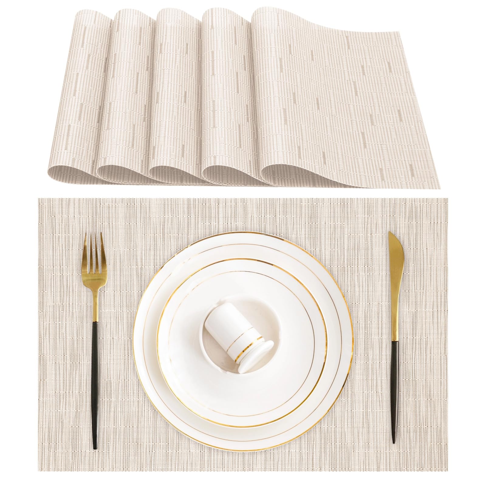 Lumaca Washable Placemats, Table Mats set of 6, (70% PVC, 30% Polyester), Heat Resistant, Non-slip, for Kitchen Tables and Restaurants, Beige