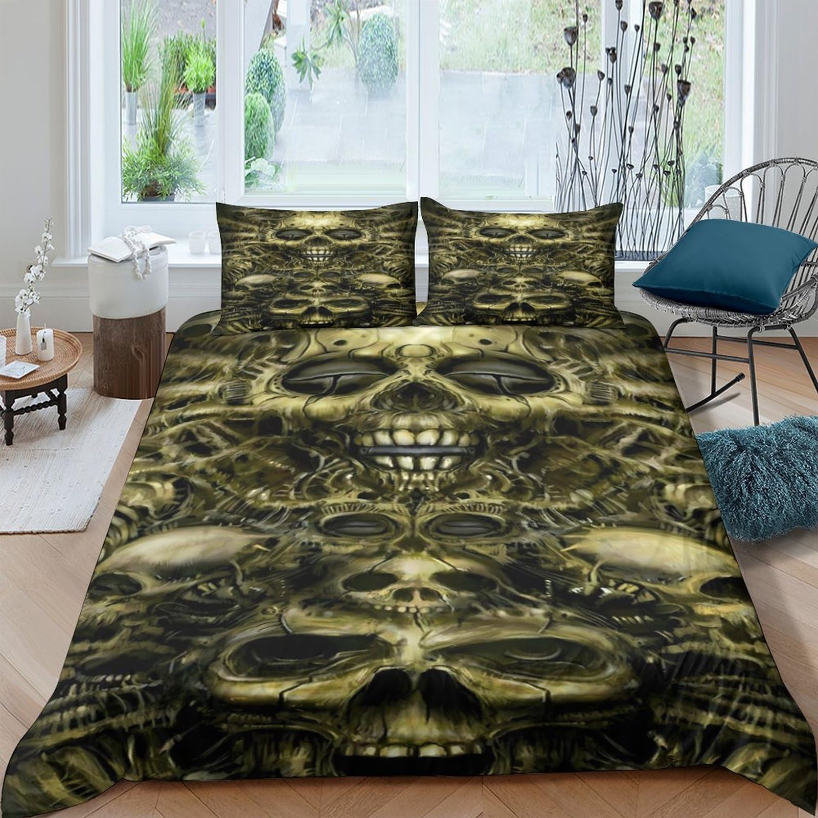 TUFRTGYHN 3D Printed Skull Pattern Duvet Cover Microfiber Soft Gothic Skeleton Bedding Set with 2 Pillowcases for Bedroom Decor Single（135x200cm）