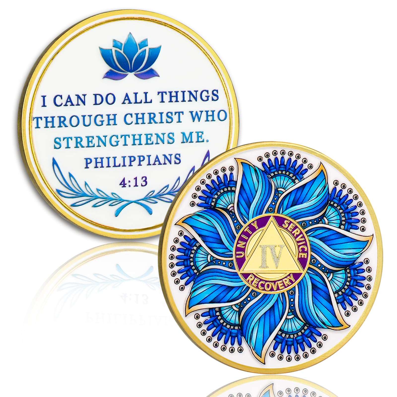 Blue Lotus 4 Year Sobriety Coin - Recovery & Growth AA Medallion, Recovery Chip with Bible Verses, Alcohol Free Anniversary Celebration AA Coin, Clean