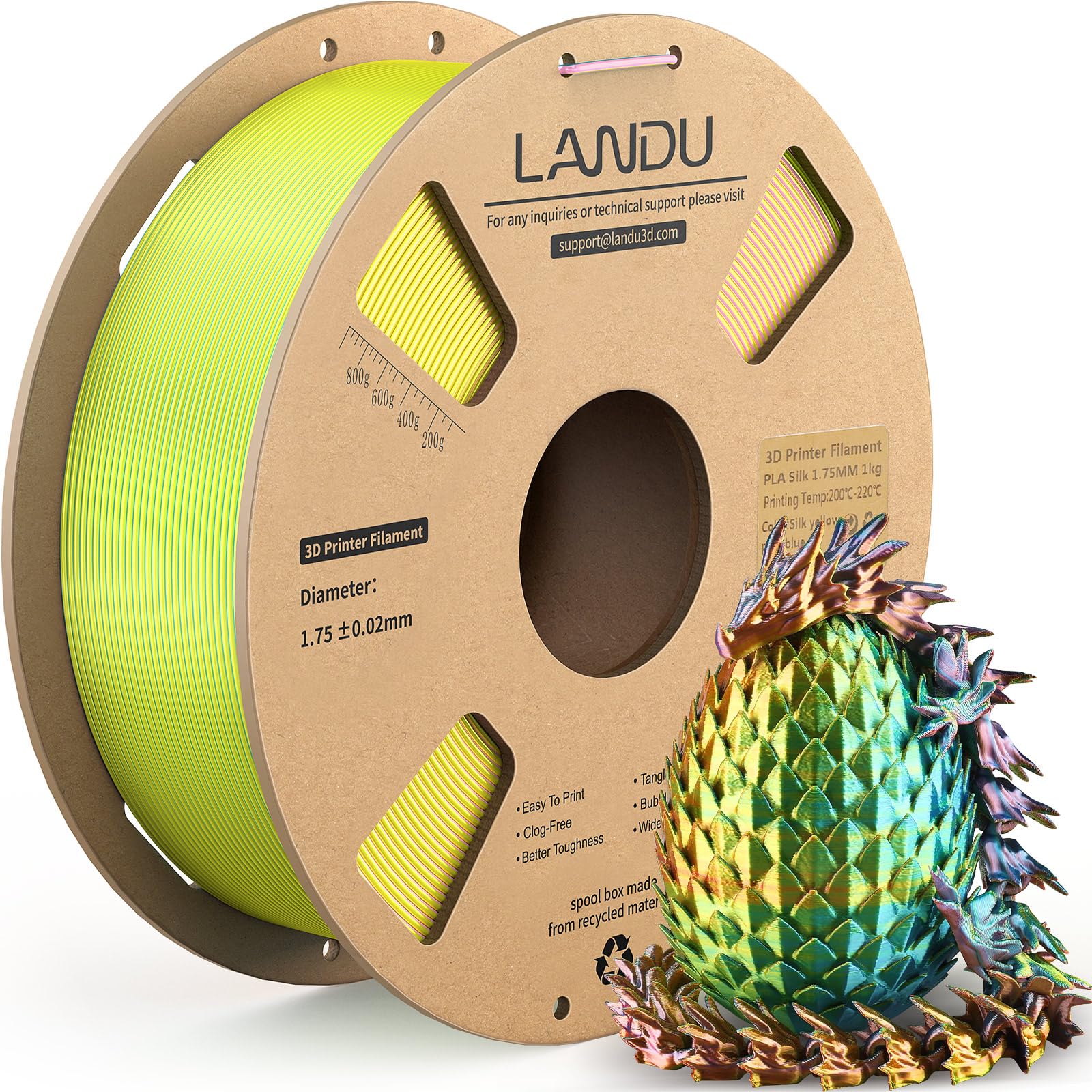 LANDU Silk Tri-Color PLA Filament 1.75mm 1Kg, Triple Color Silk PLA Filament, Silk Rainbow PLA Filament, Neatly Wound 3D Printer Filament, 3 in 1 Multi Color Filament +/-0.02mm, Silk Yellow Pink Blue
