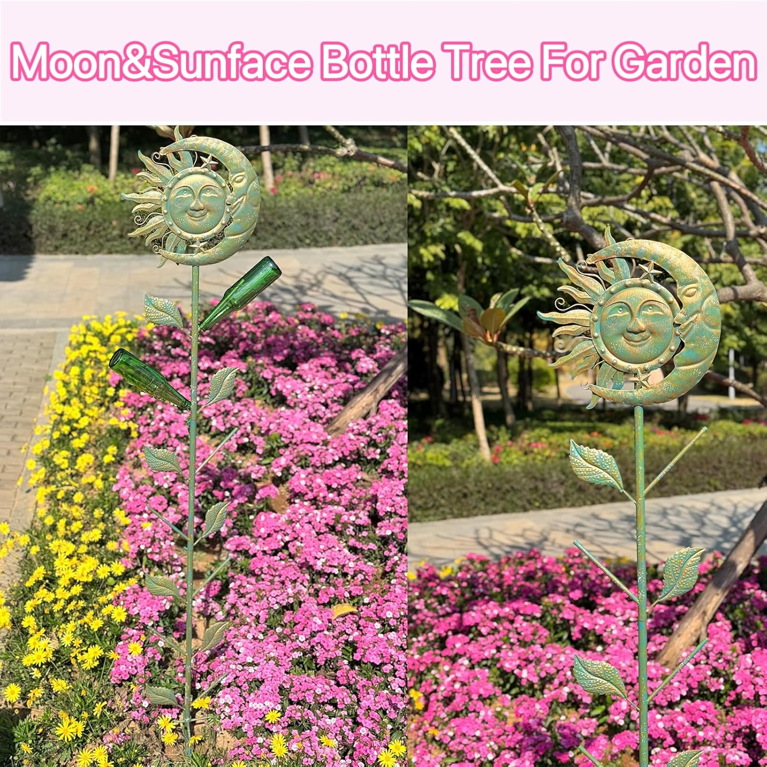 Moon & Sun Face Glass Bottle Tree/Wine Bottle Trees for the Garden Outsides Decorative Bottles Holder for Outside Party andscape Decoration