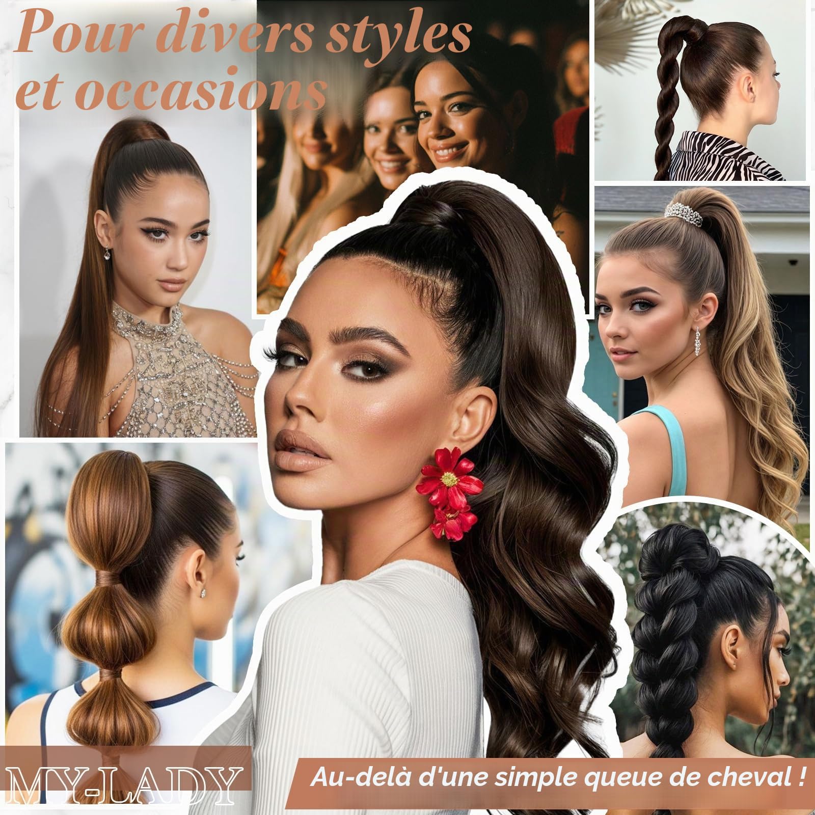 MY-LADY Extension Queue de Cheval Cheveux, 35cm Postiche Queue de Cheval Naturel, Rajout Cheveux Longue Ponytail Lisse Wrap Around #12P613 Brun Doré& Blond 80g