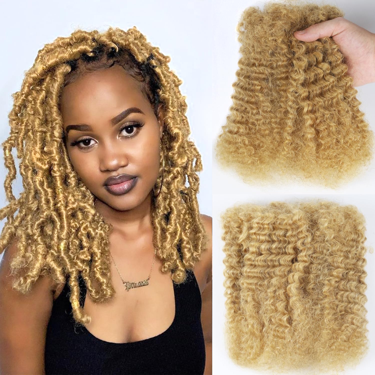 Afro Kinkys - Pelo humano en grandes cantidades para rastas, reparación, locomotores, trenzas afro rizadas, pelo auténtico para locomotoras, 50 gramos, 14 pulgadas, 35 cm, rubio miel #27