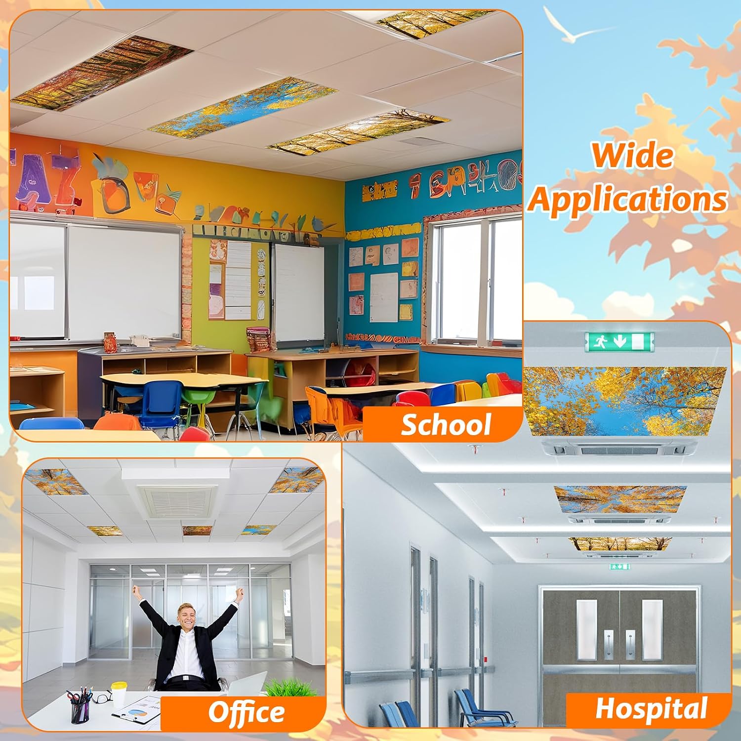 4 Pcs Fluorescent Light Covers with 40 Magnets Decorative for Classroom Ceiling Light 4 x 2 Feet Magnetic Light Covers Filter Easy Install for Office Hospitals & Home Drop Ceiling Supplies (Fall)